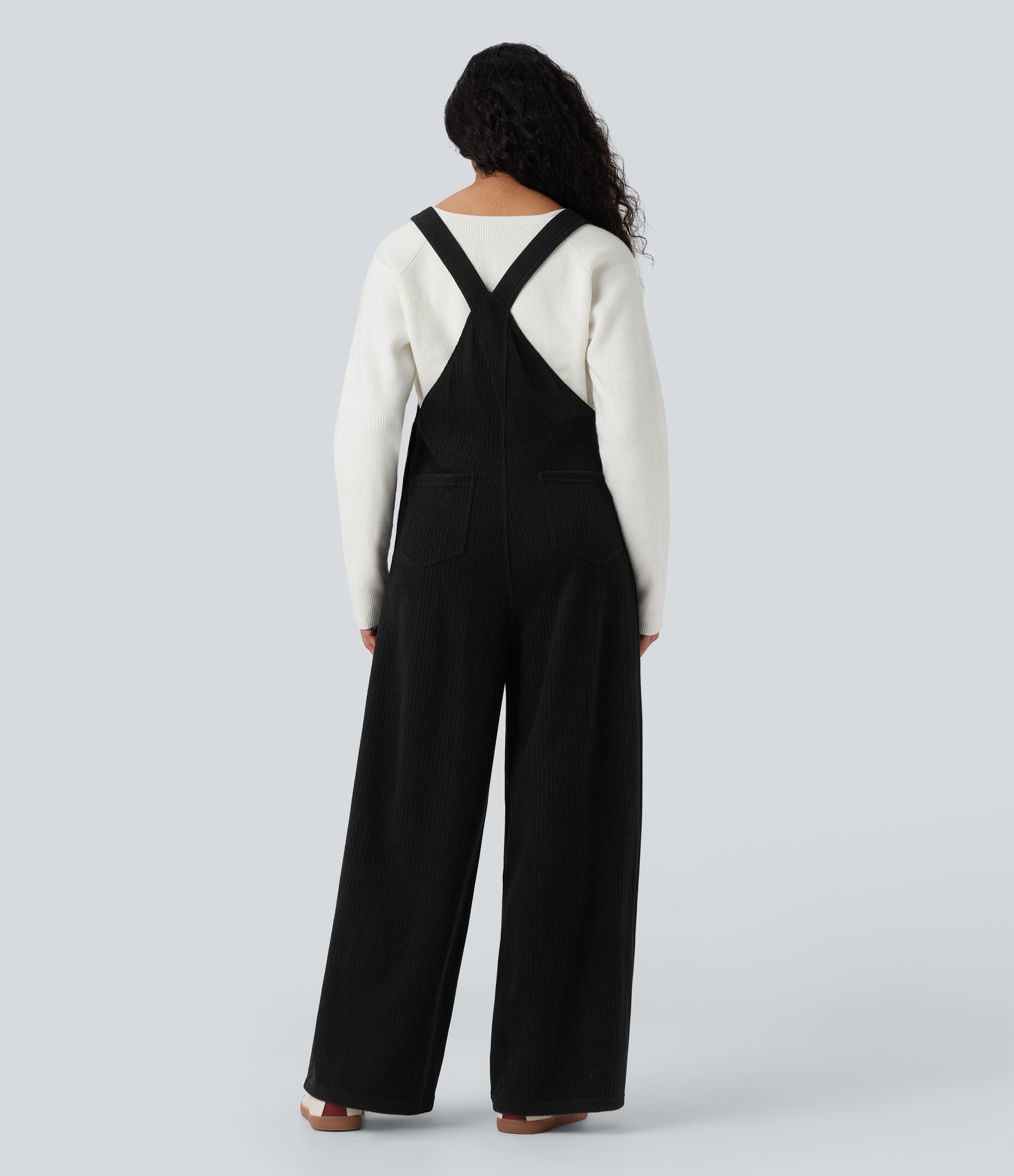 Black Ribbed Square Neck Casual Overalls with Pockets / 2