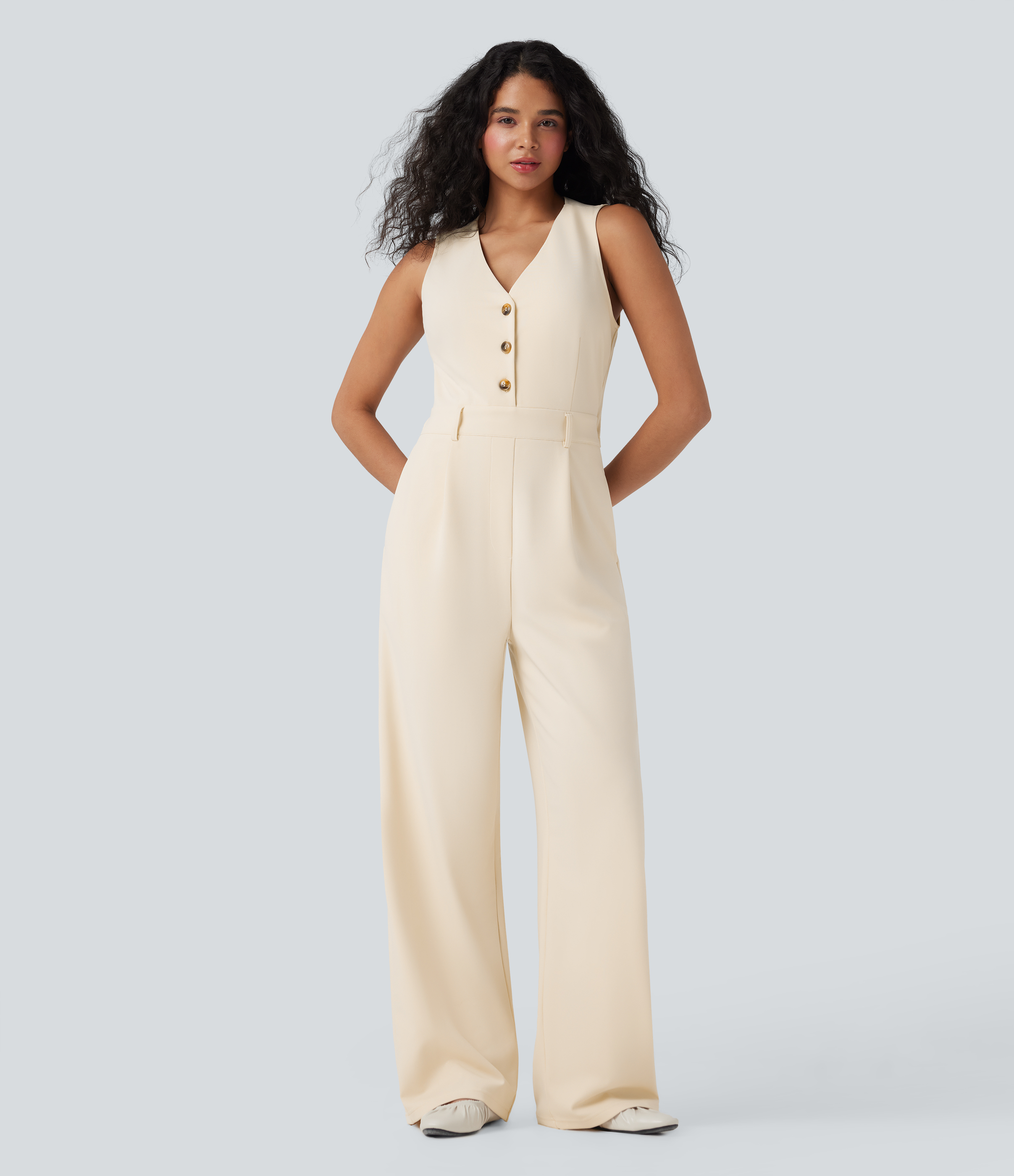 V-Ausschnitt Ärmelloses Lässiges Weste Jumpsuit mit Taschen-Leicht Gemacht