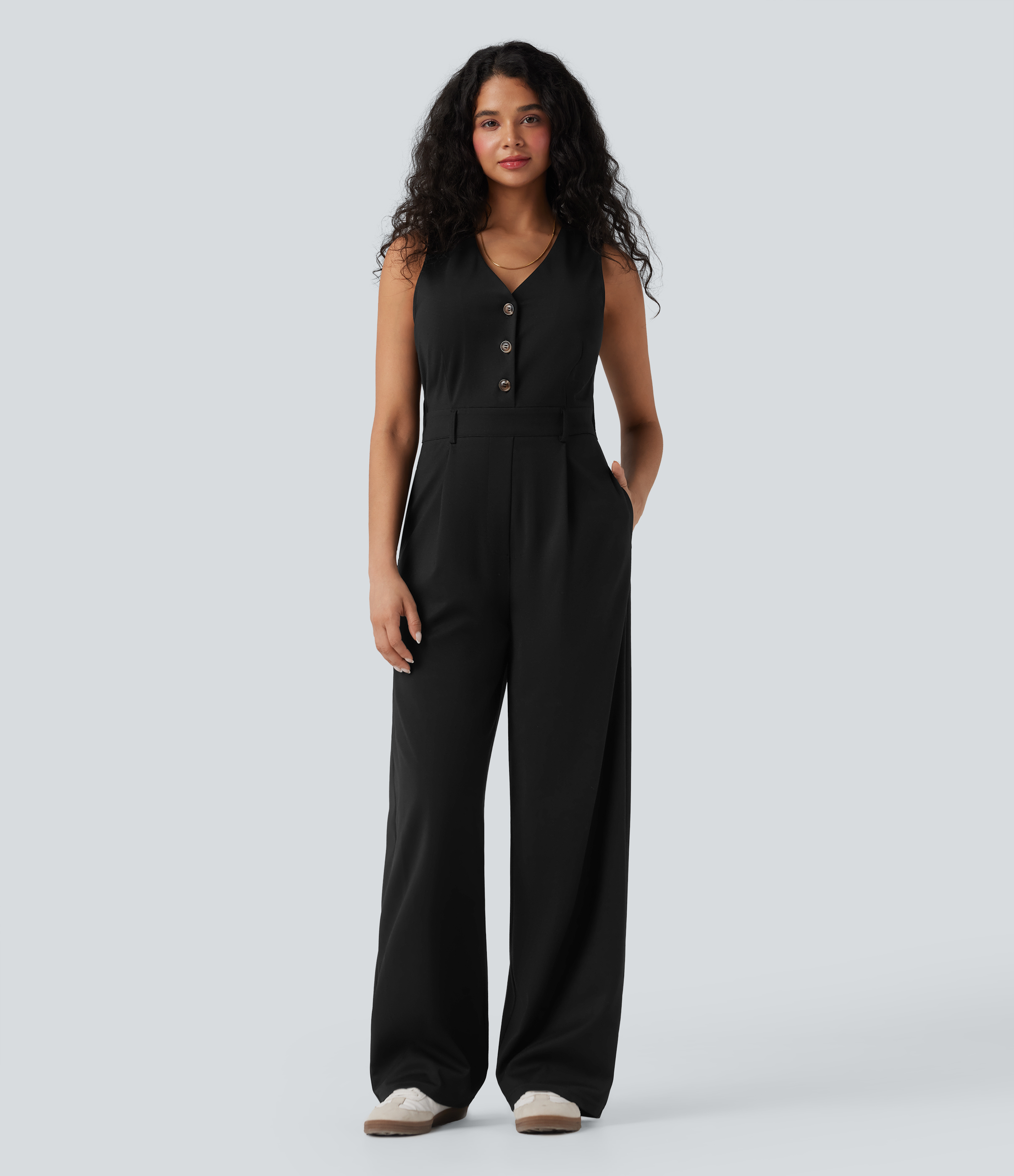 V-neck Sleeveless Casual Vest Jumpsuit with Pockets-Easy Peezy
