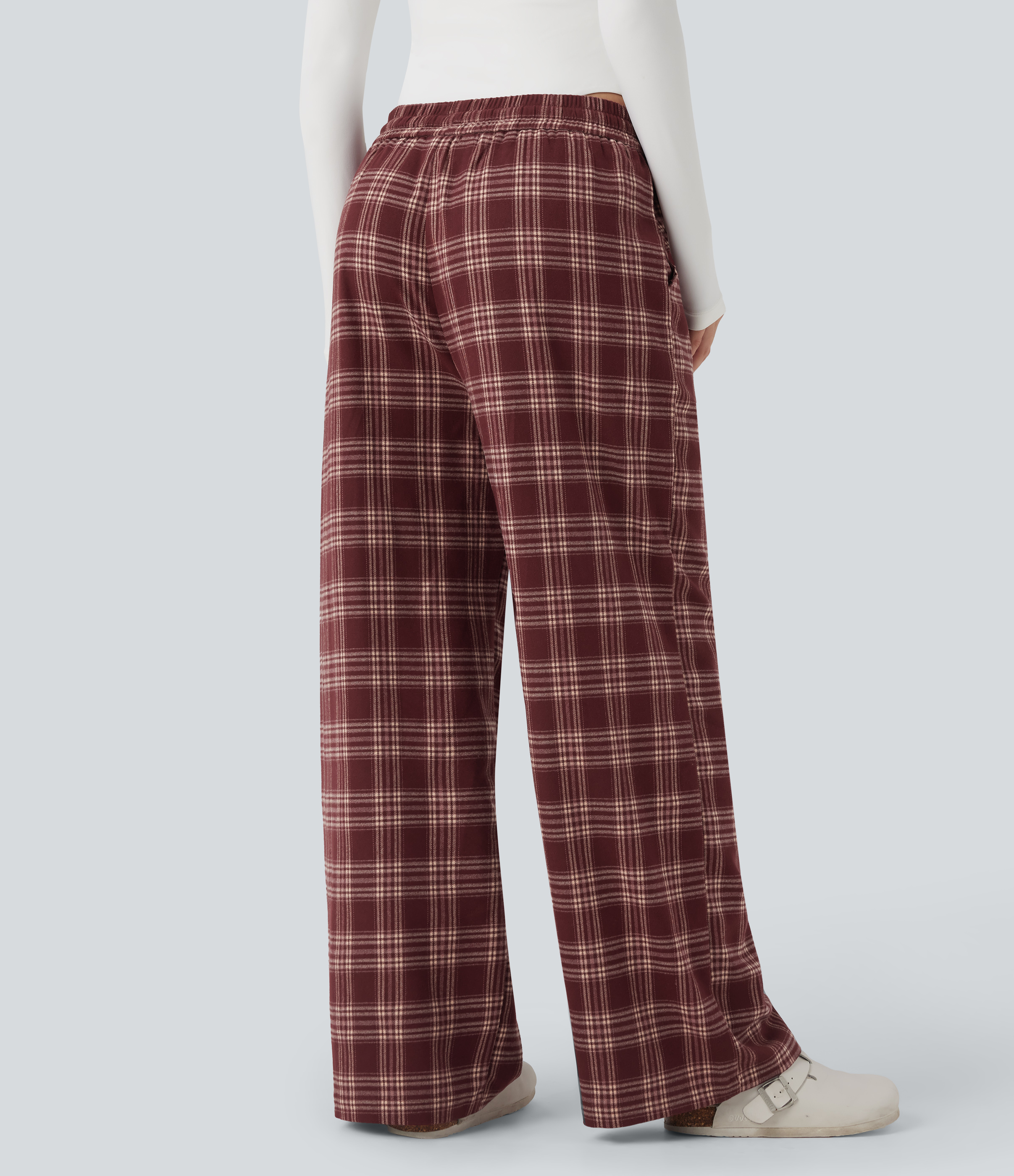 Brick Red Plaid High-waisted Plaid Print Casual Baggy Pants with Pockets / 2