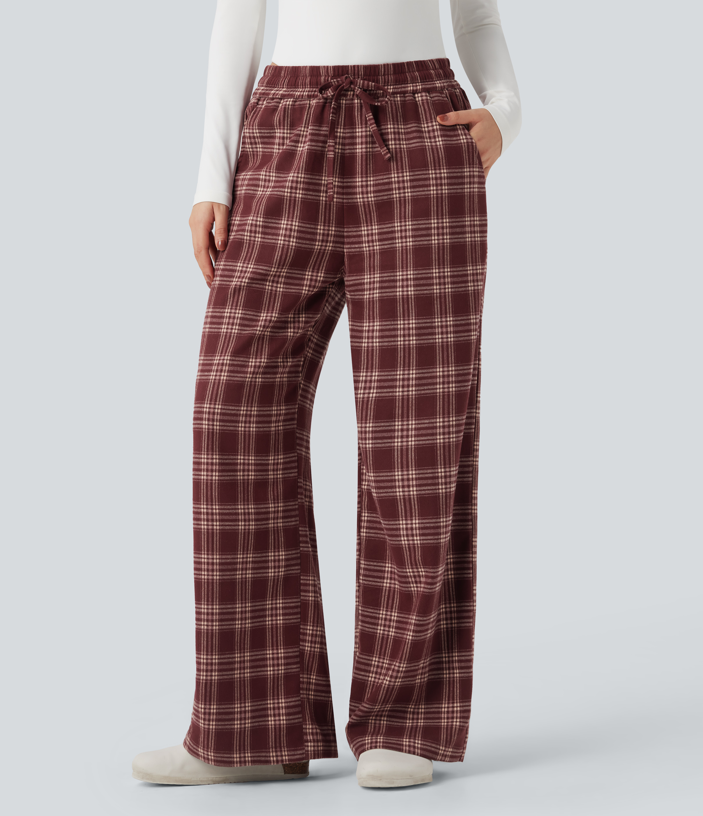 Brick Red Plaid High-waisted Plaid Print Casual Baggy Pants with Pockets / 1