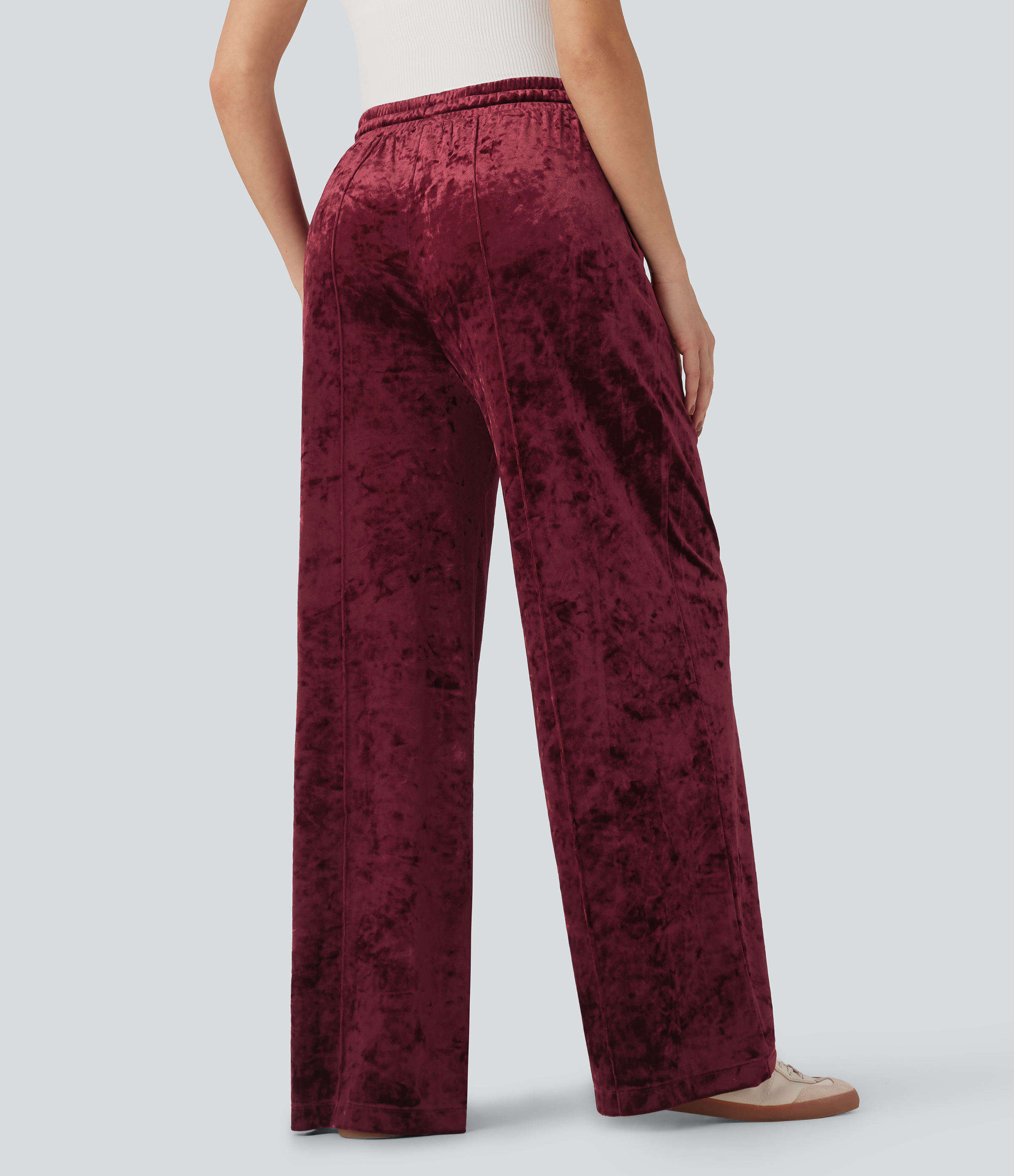 Burgundy Pantalon décontracté velours jambe large taille mi-haute avec cordon de serrage et poches / 2