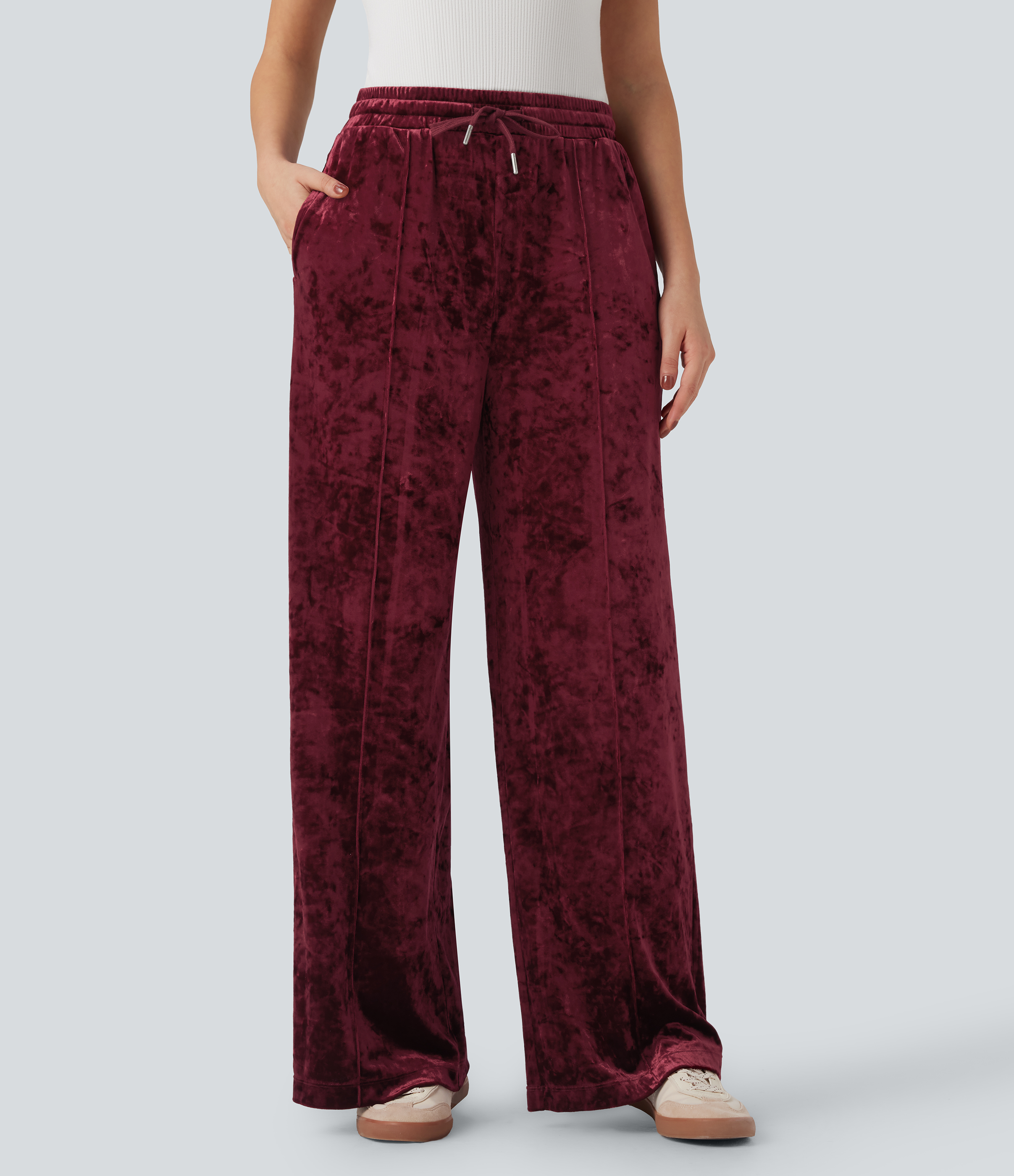 Burgundy Pantalon décontracté velours jambe large taille mi-haute avec cordon de serrage et poches / 1