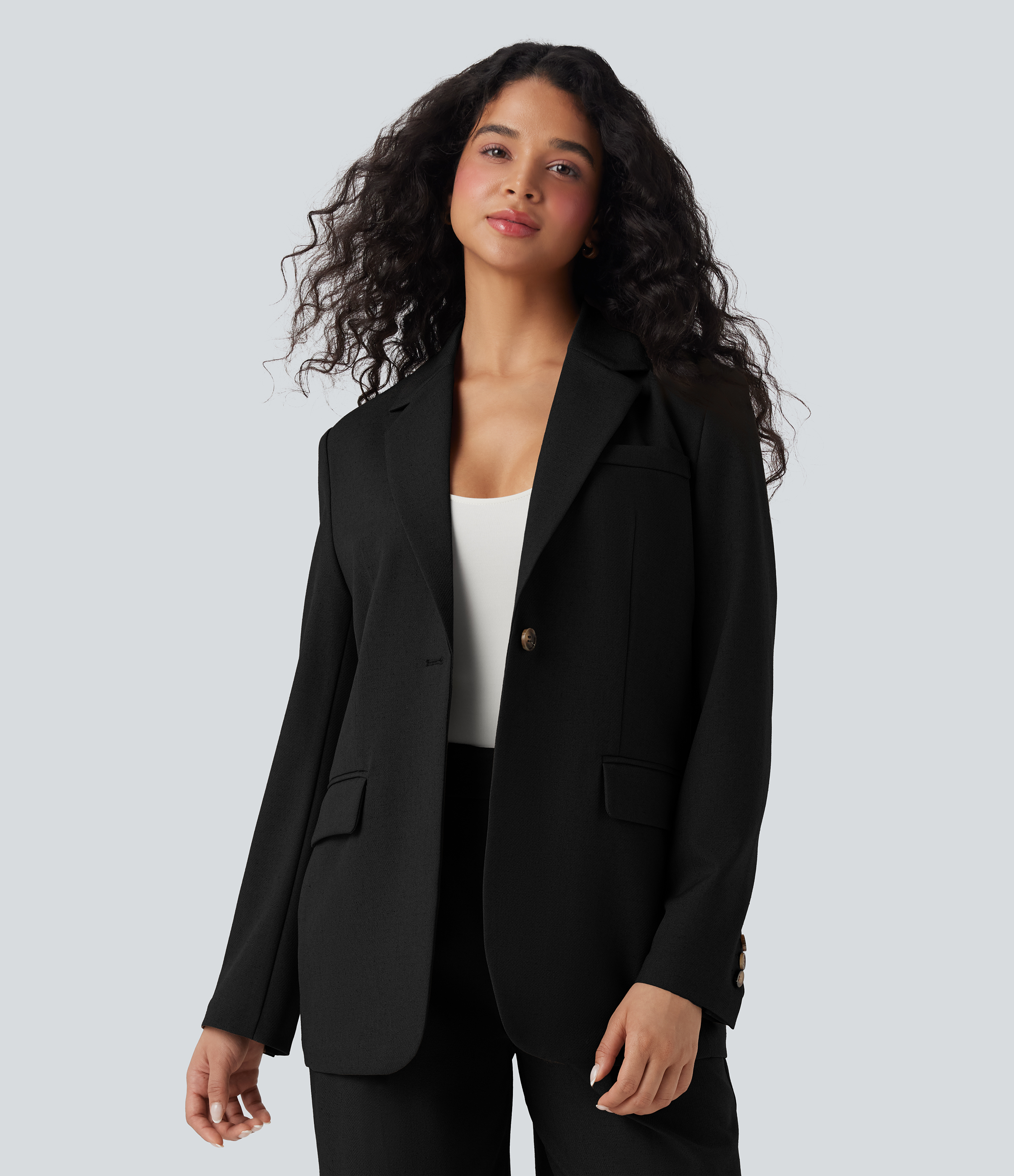Notched Collar Long Sleeve Work Linen-Blend Blazer with Pockets