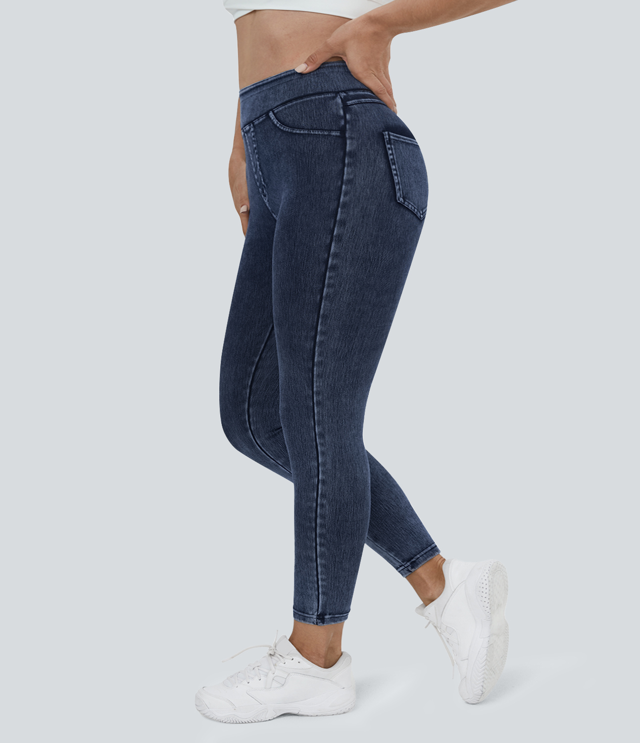 Washed Denim Navy Blue Halara Flex™ Leggings casual de denim con cintura alta y bolsillos en tallas plus / 2