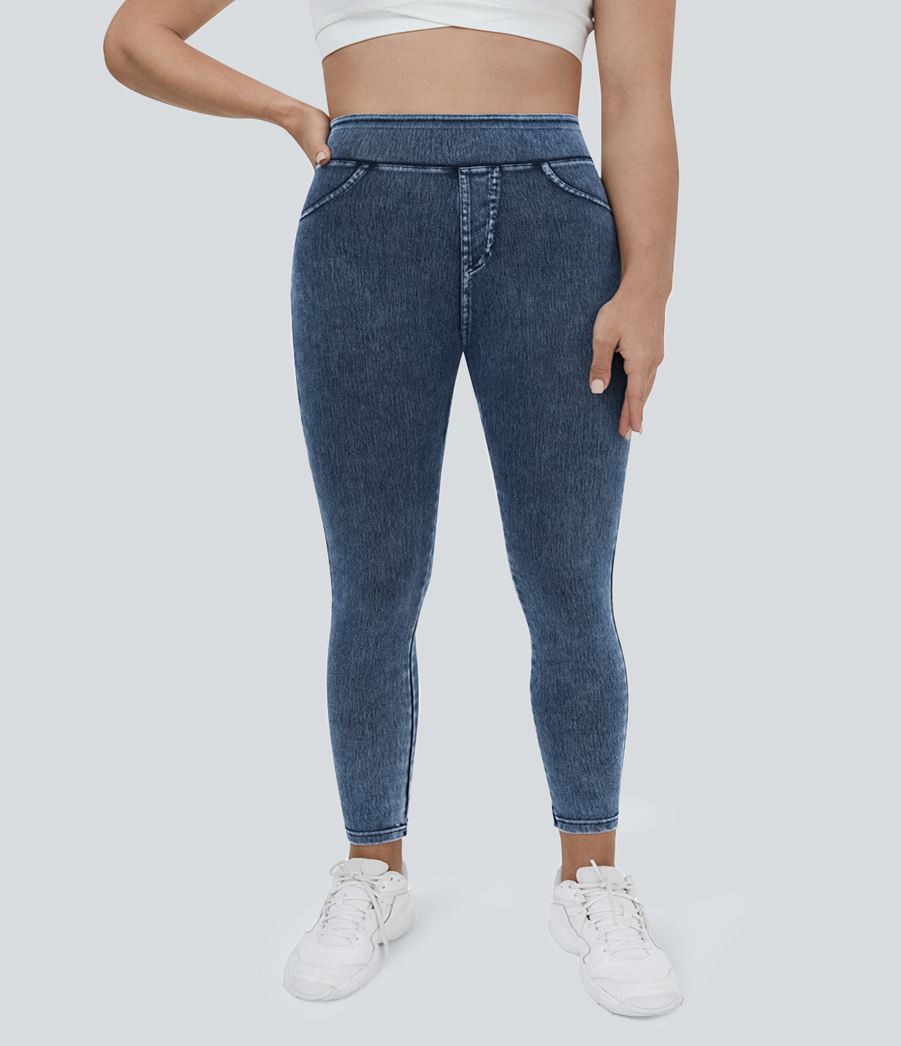 Washed Denim Bleached Blue Leggings Halara Flex™ Denim elásticos de talla grande con tiro alto y bolsillos traseros / 2