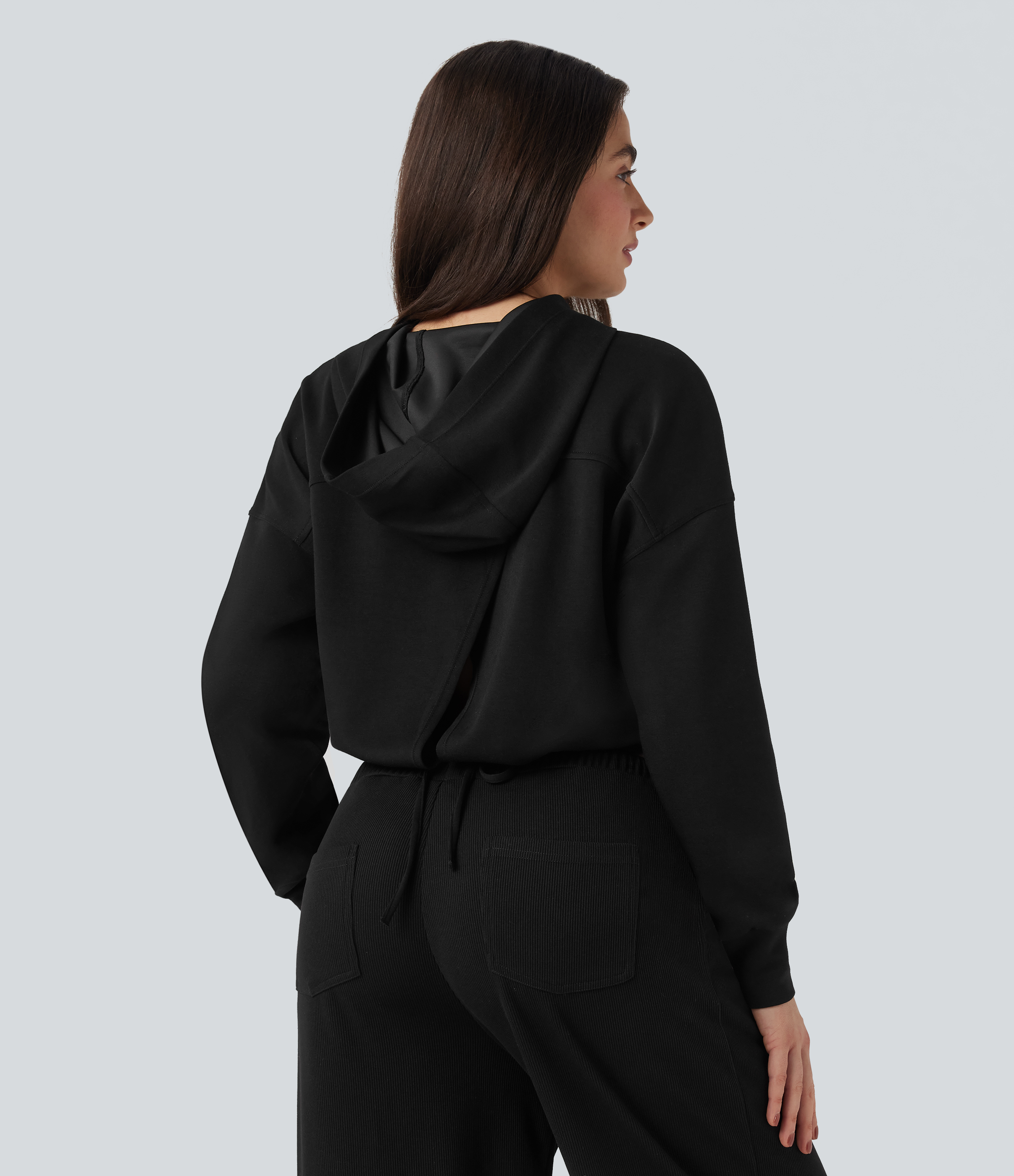 Hooded Long Sleeve Dropped Shoulder Split Tie Back Casual Sweatshirt