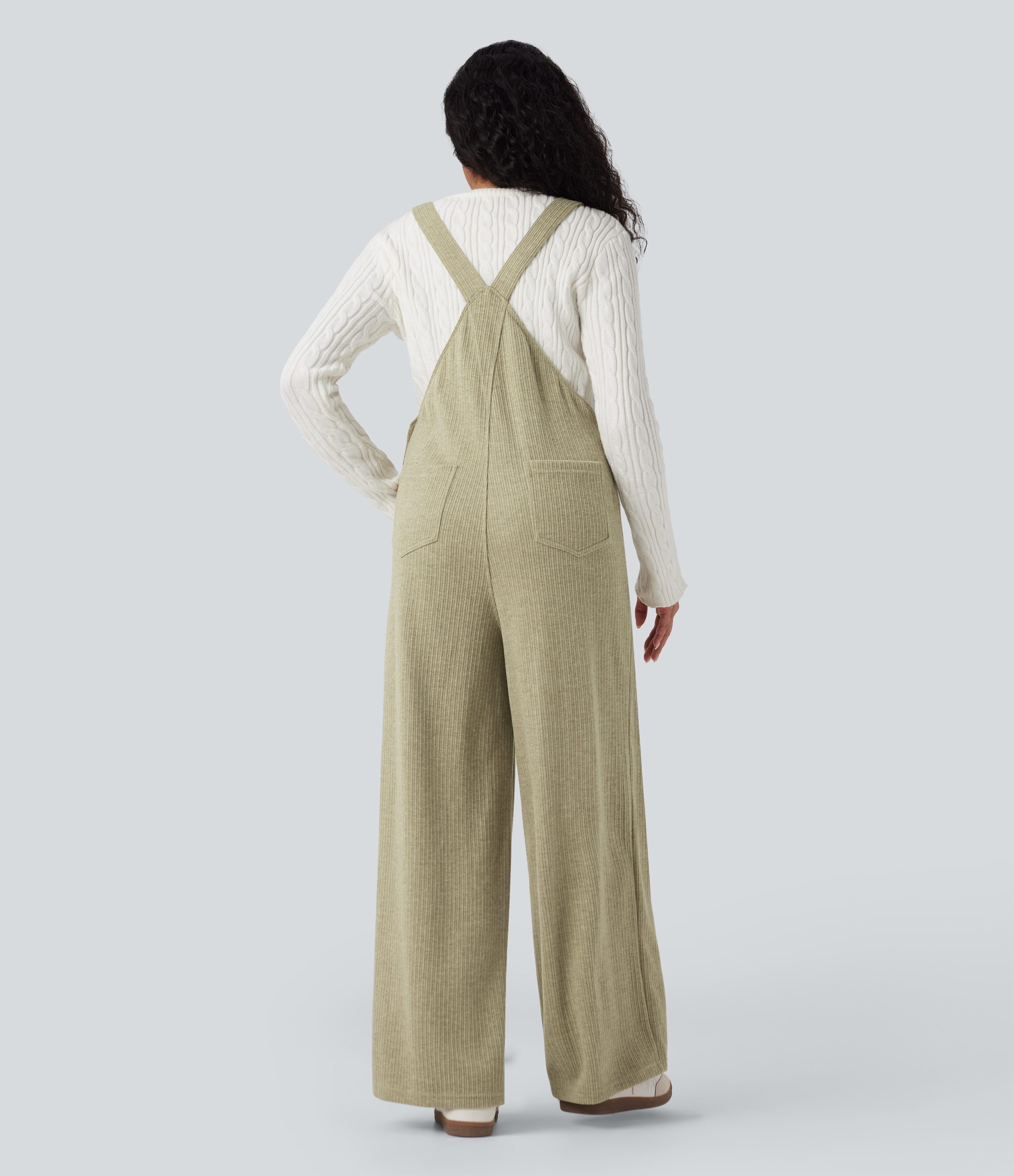 Gray Green Jumpsuit casual de cuello cuadrado acanalado con bolsillos / 2