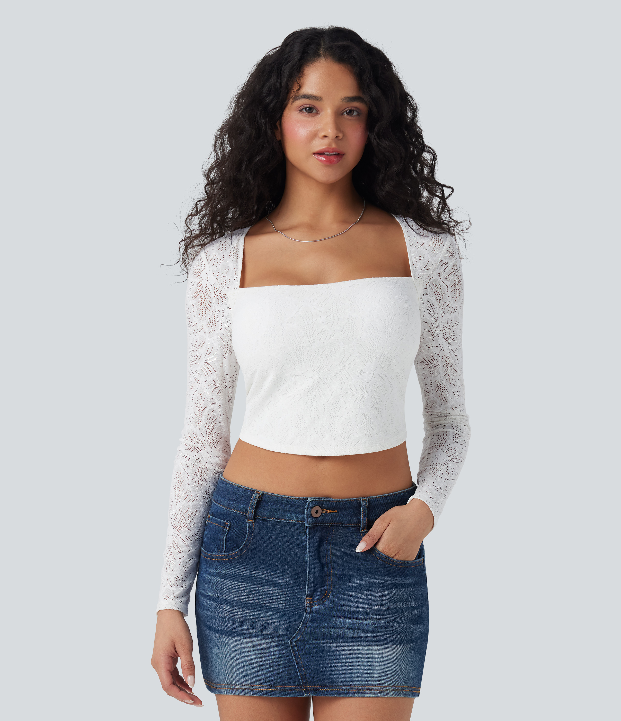 Square Neck Long Sleeve Slim Cropped Lace Casual Top