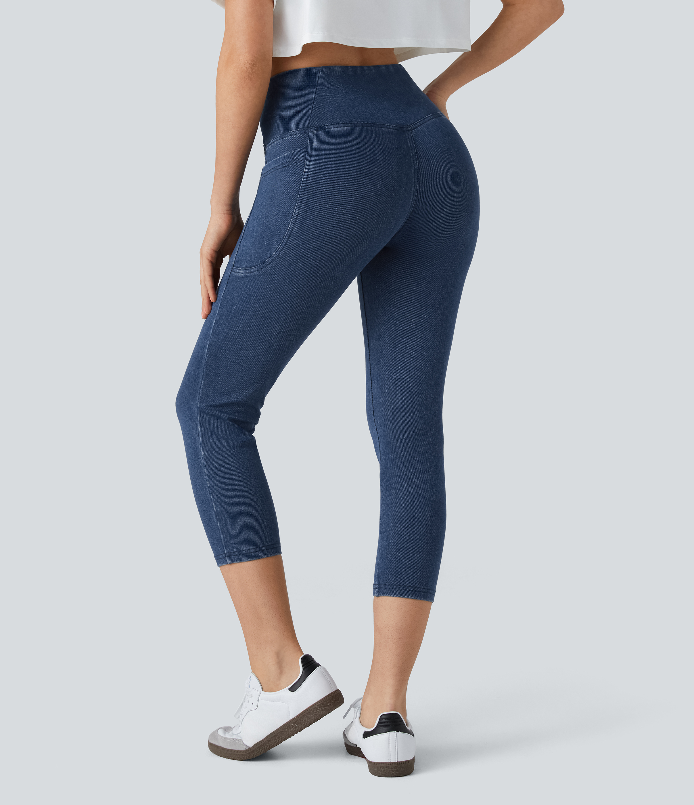 Washed Denim Bleached Blue Leggings Halara Flex™ Denim capri mezclilla elástico lavado bolsillo lateral cruzado / 2