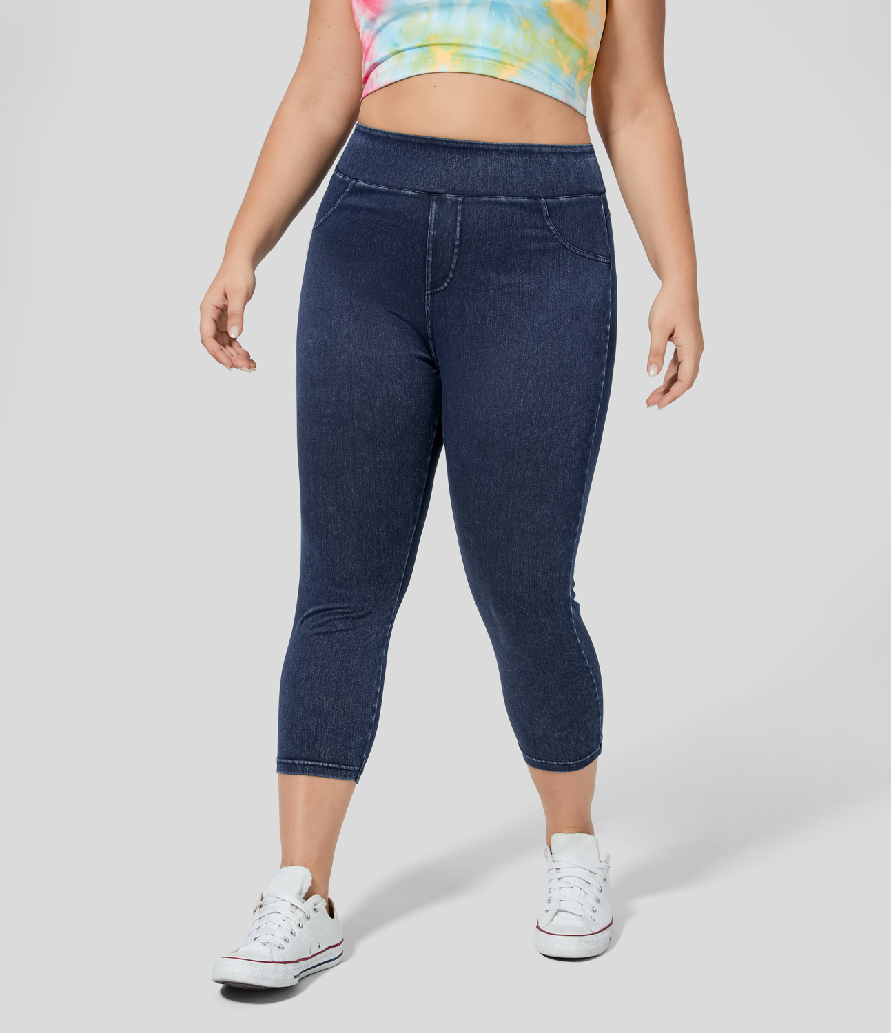 Washed Denim Navy Blue Leggings Capri Halara Flex™ Denim tiro alto bolsillo lateral trasero tejido elástico mezclilla talla grande / 2
