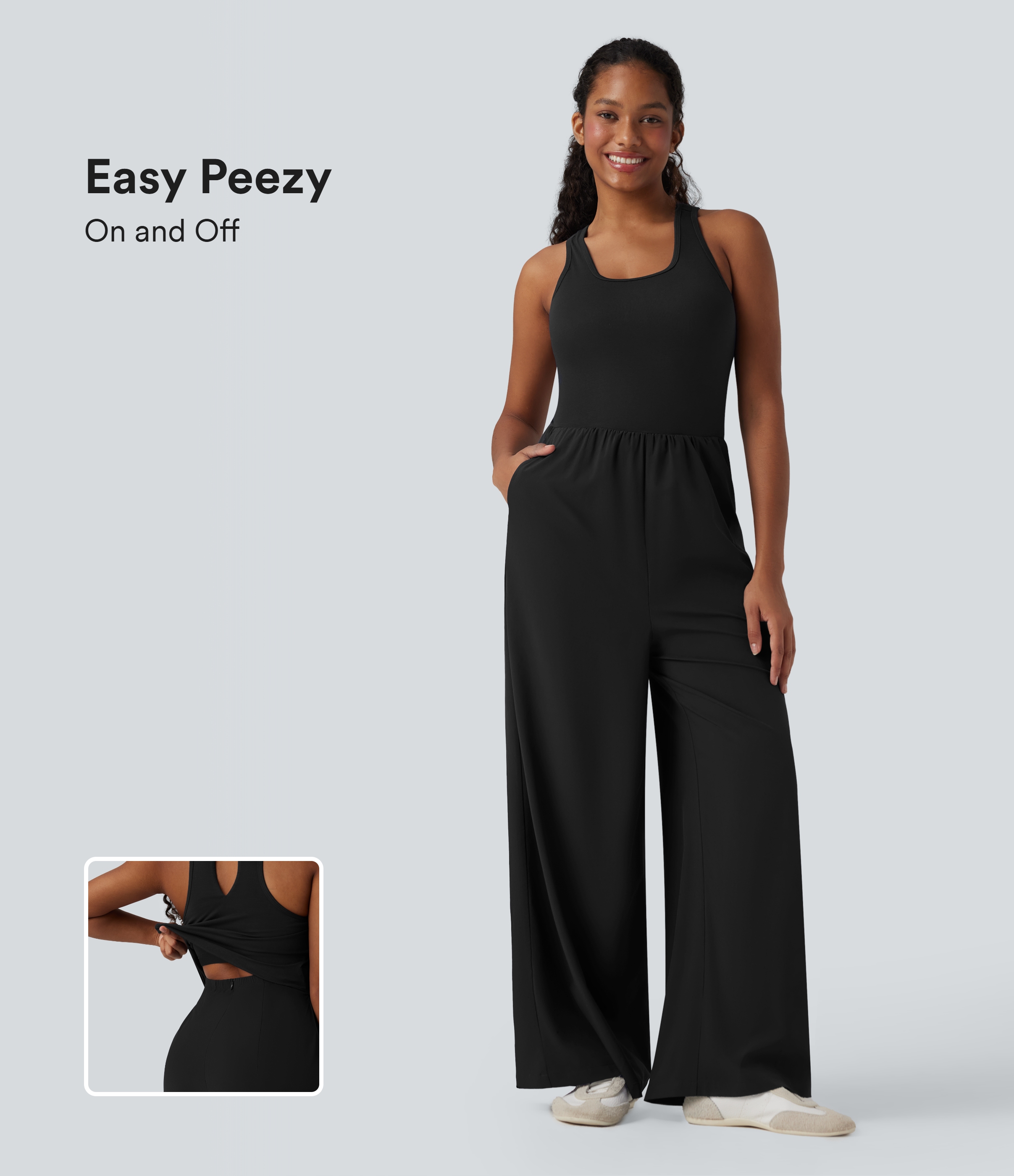 Black Breezeful™ Sleeveless Cut Out Quick Dry Casual Jumpsuit with Pockets-Easy Peezy / 1
