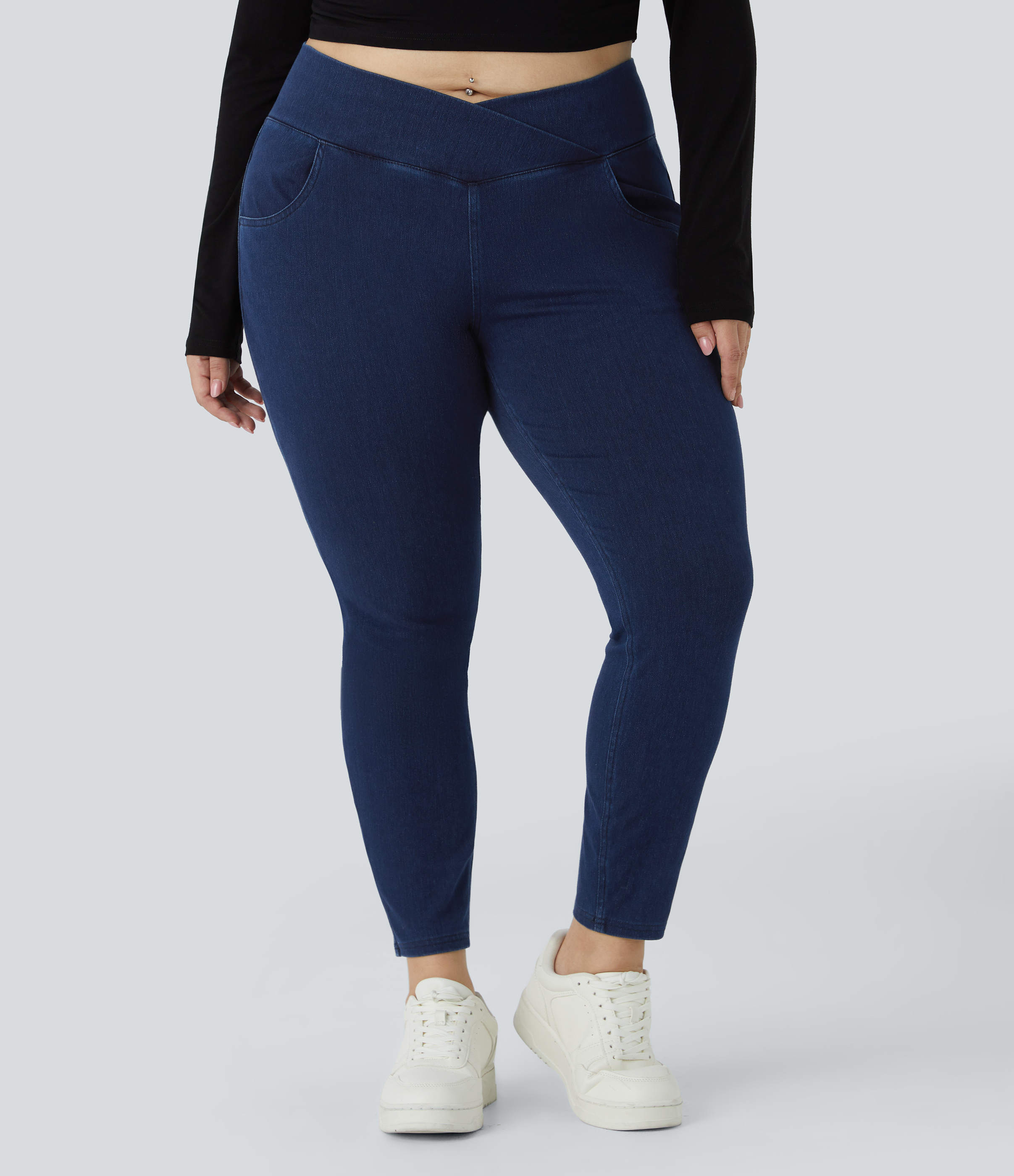 Washed Denim Navy Blue Leggings Halara Flex™ Denim oficina cruzado elástico tiro alto bolsillo talla grande / 2