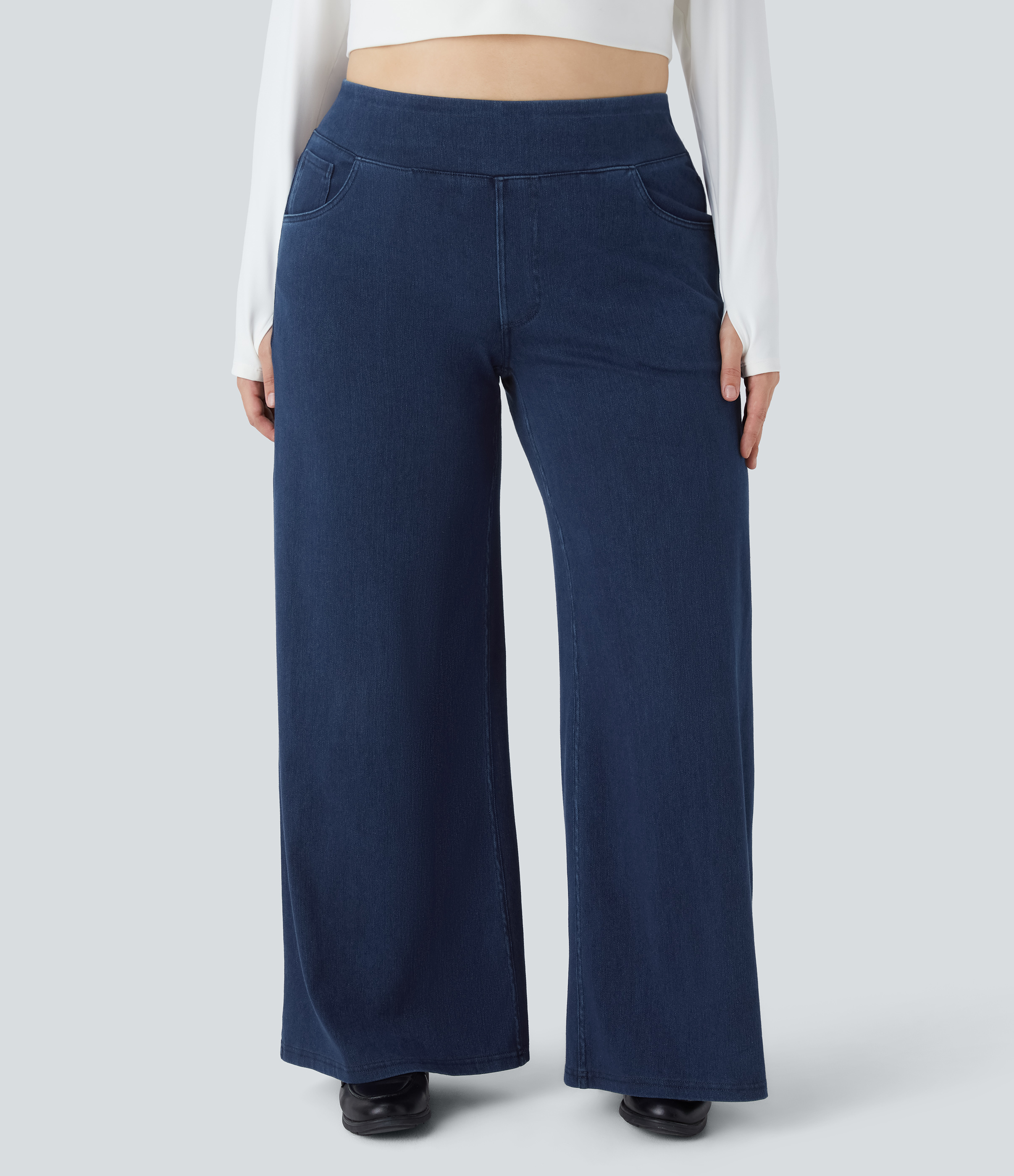 Washed Denim Navy Blue Jeans Baggy Halara Flex™ Denim holgado tiro alto pierna ancha múltiple bolsillo elástico talla grande / 2
