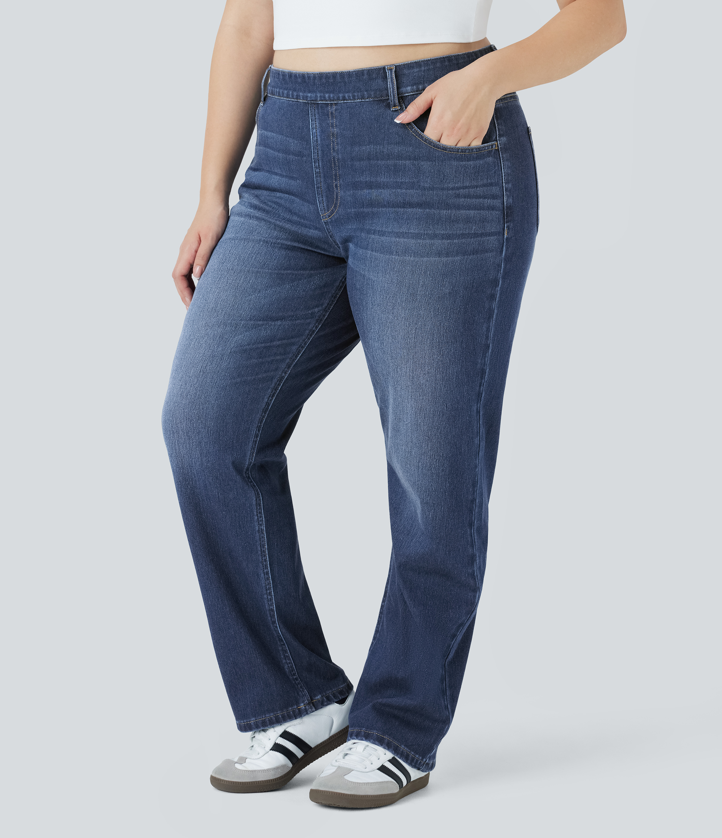 Paint Blue Denim Halara Flex™ High Waisted Pockets Straight Leg Washed Casual Plus Size Jeans / 2