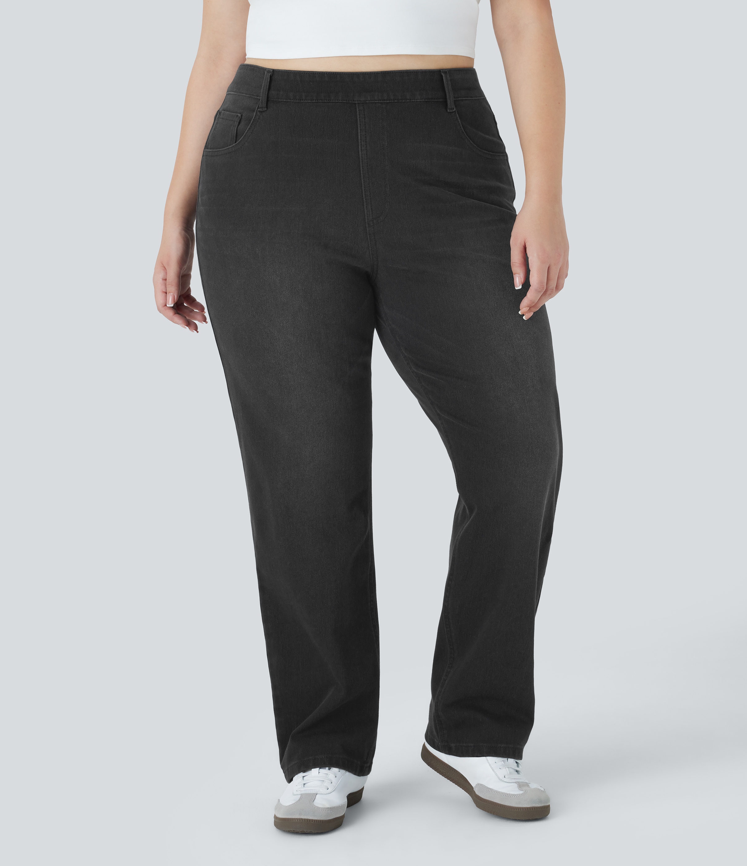 HalaraMagic™ Plus-Size, lässige, verwaschene Jeans aus elastischem Strick-Denim mit hohem Bund, mehreren Taschen und geradem Bein
