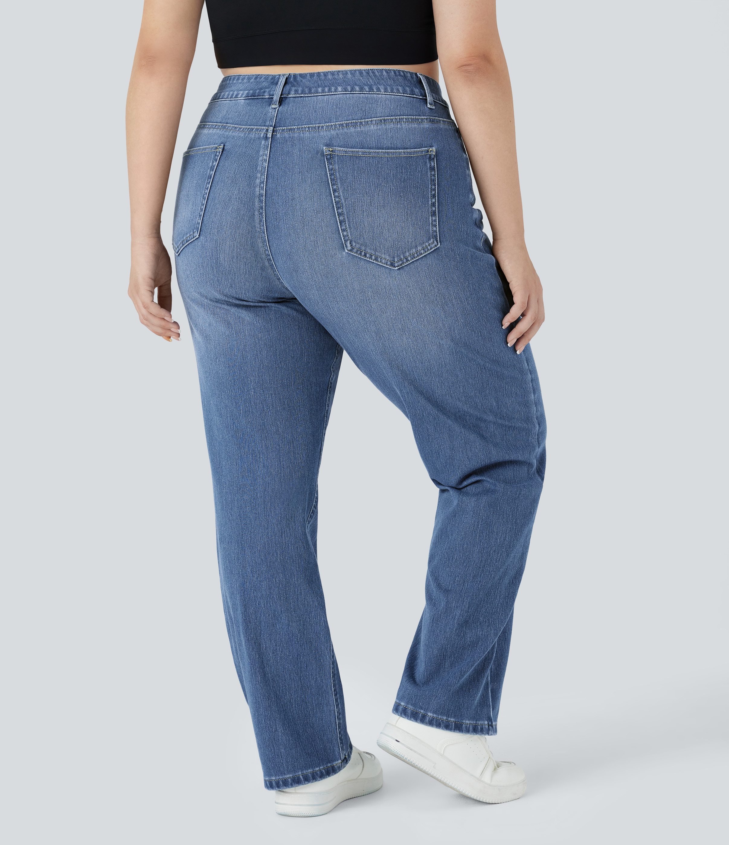 Blue Spruce Denim Jeans Halara Flex™ Denim tiro alto elástico lavado pierna recta múltiple bolsillo talla grande / 2
