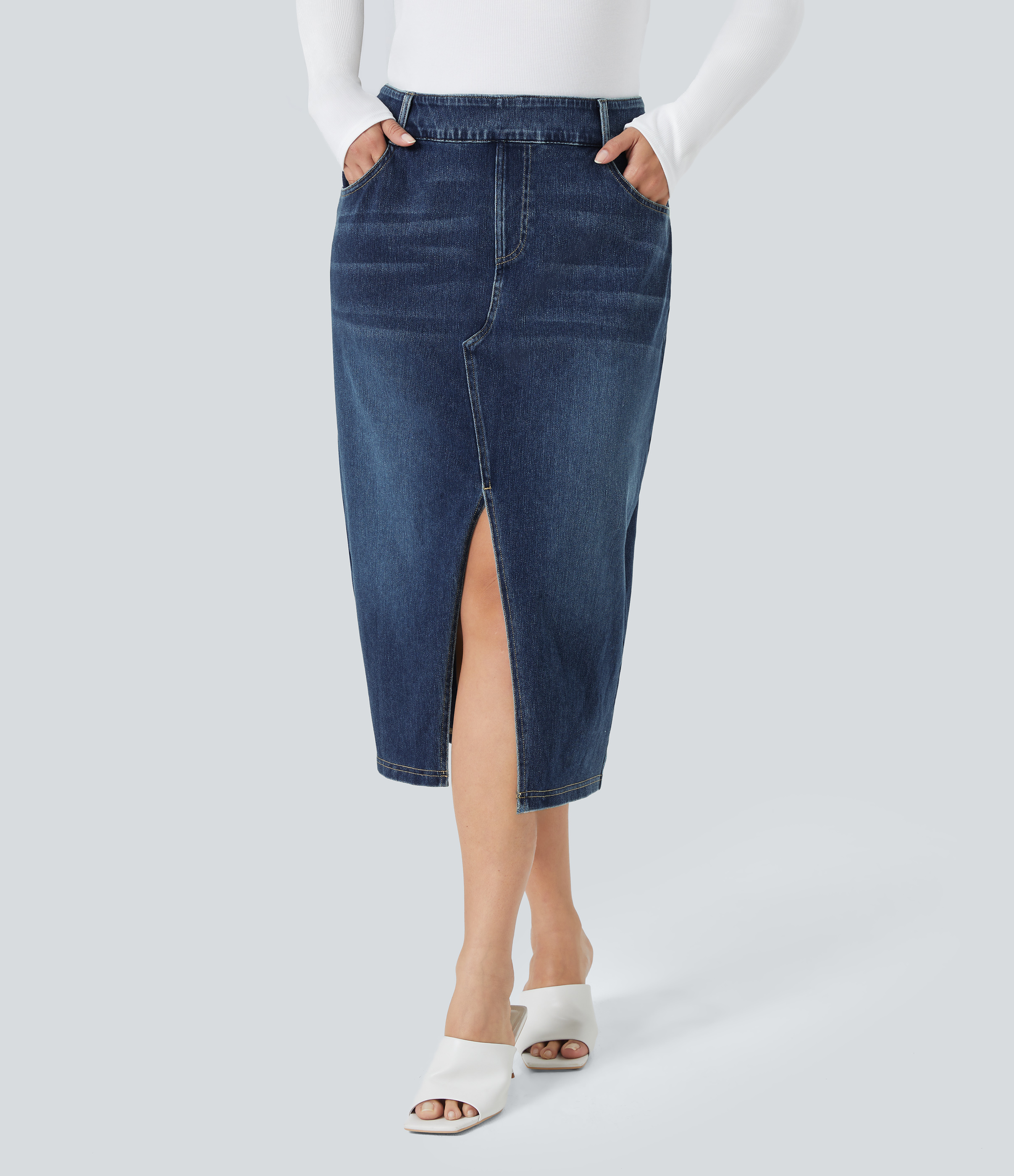 Halara Flex™  Plus-Size Figurbetonter, hoch taillierter, verwaschener Denim-Strickrock mit mehreren Taschen, lässiger Midirock