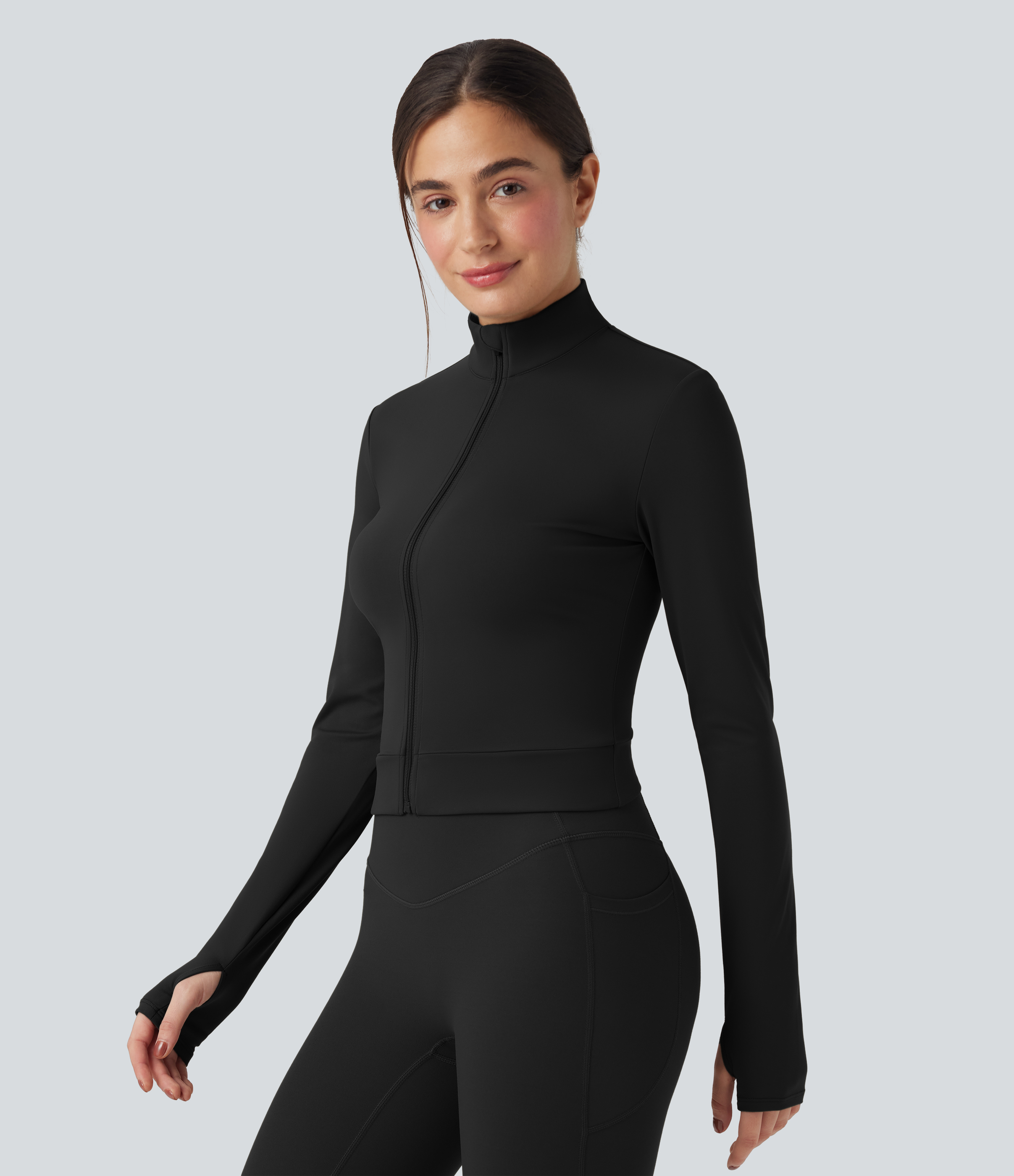 Veste yoga SoftlyZero™ Plush col montant manches longues avec trous pour pouces et dos croisé