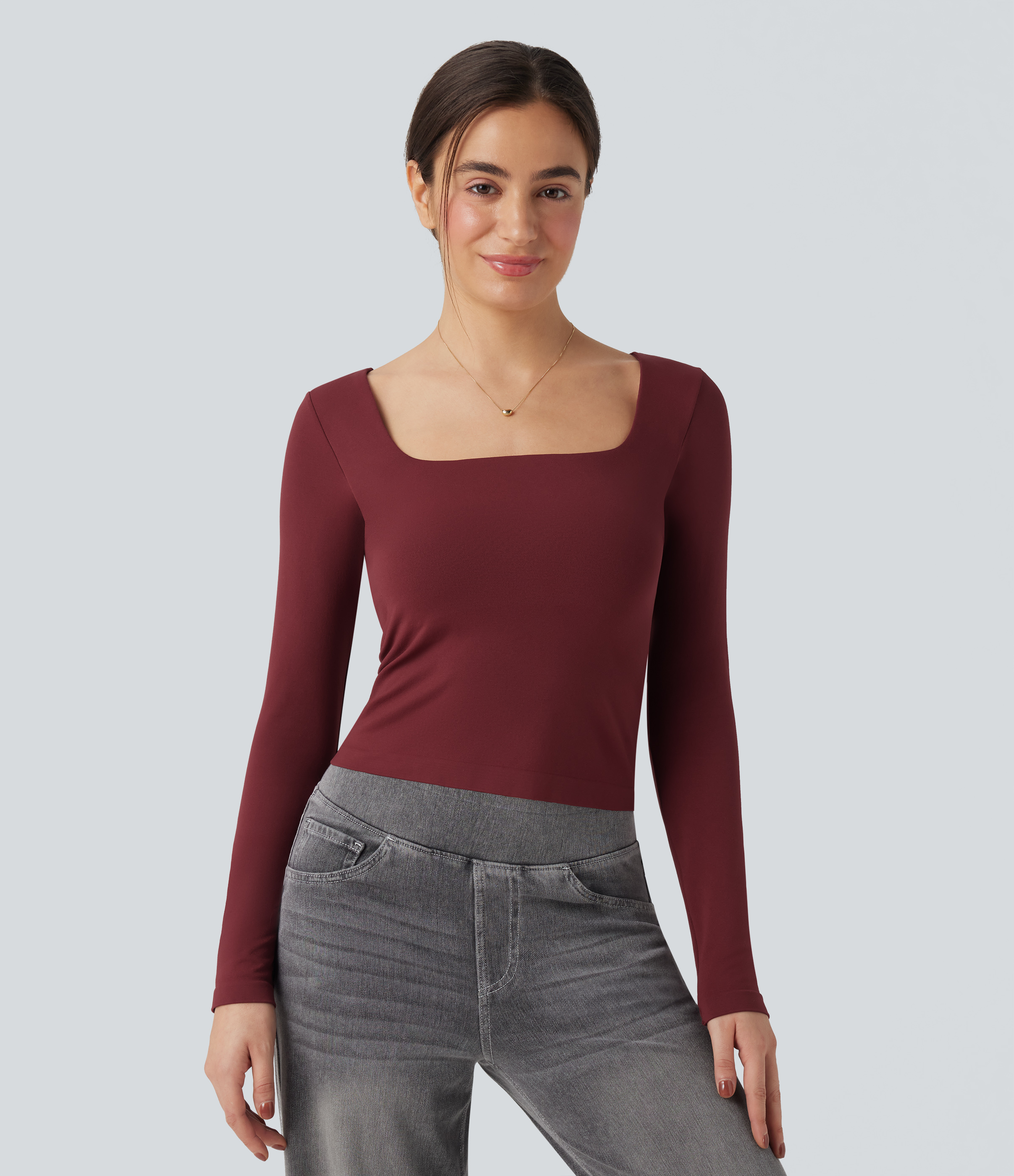 Pomegranate Top deportivo de yoga 2 en 1 de manga larga con cuello cuadrado y sin costuras / 2