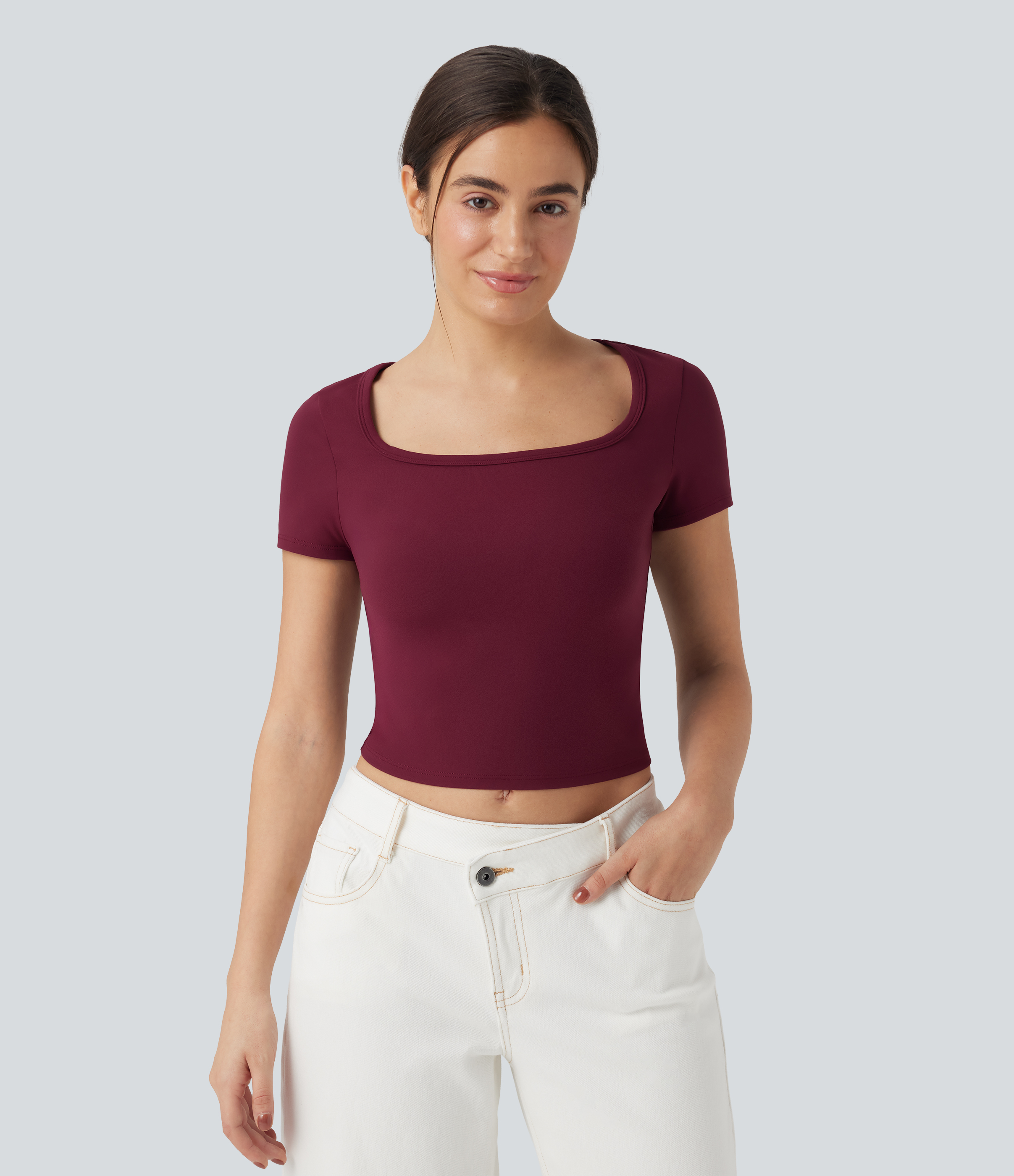 Deep Wine Kurzes Casual Top mit Rundhalsausschnitt, kurzen Ärmeln und Schleife / 2