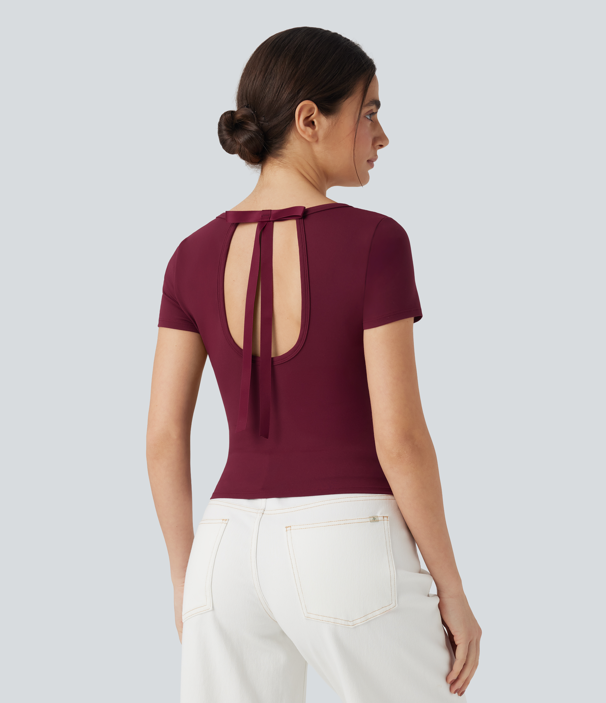 Top casual corto con lazo de manga corta y cuello redondo