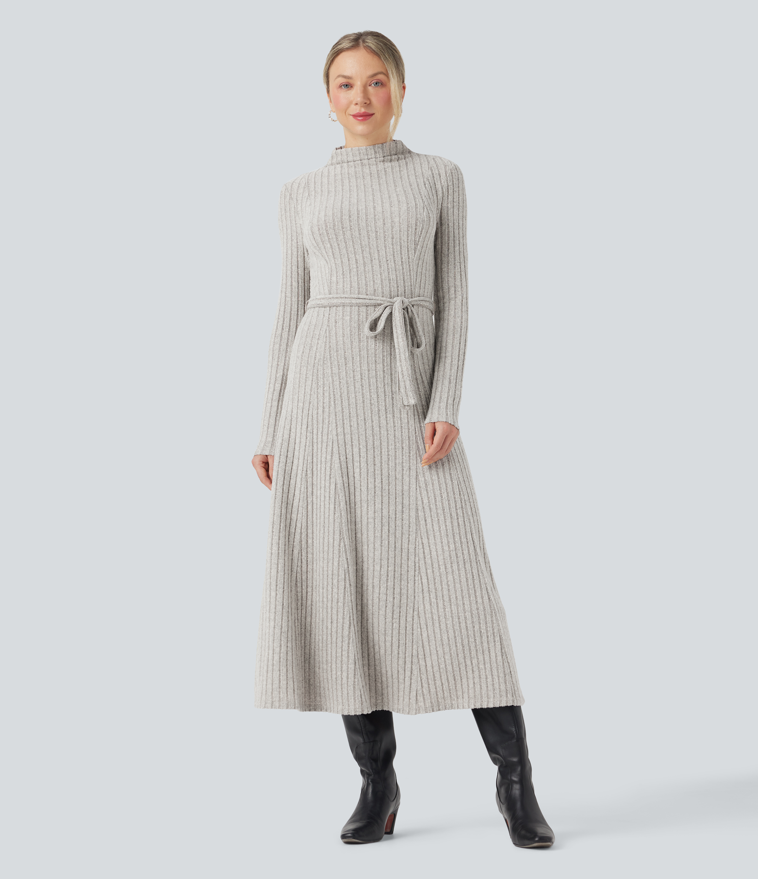 Ribbed Knit Mock-neck Long Sleeve Belted Casual Maxi Dress