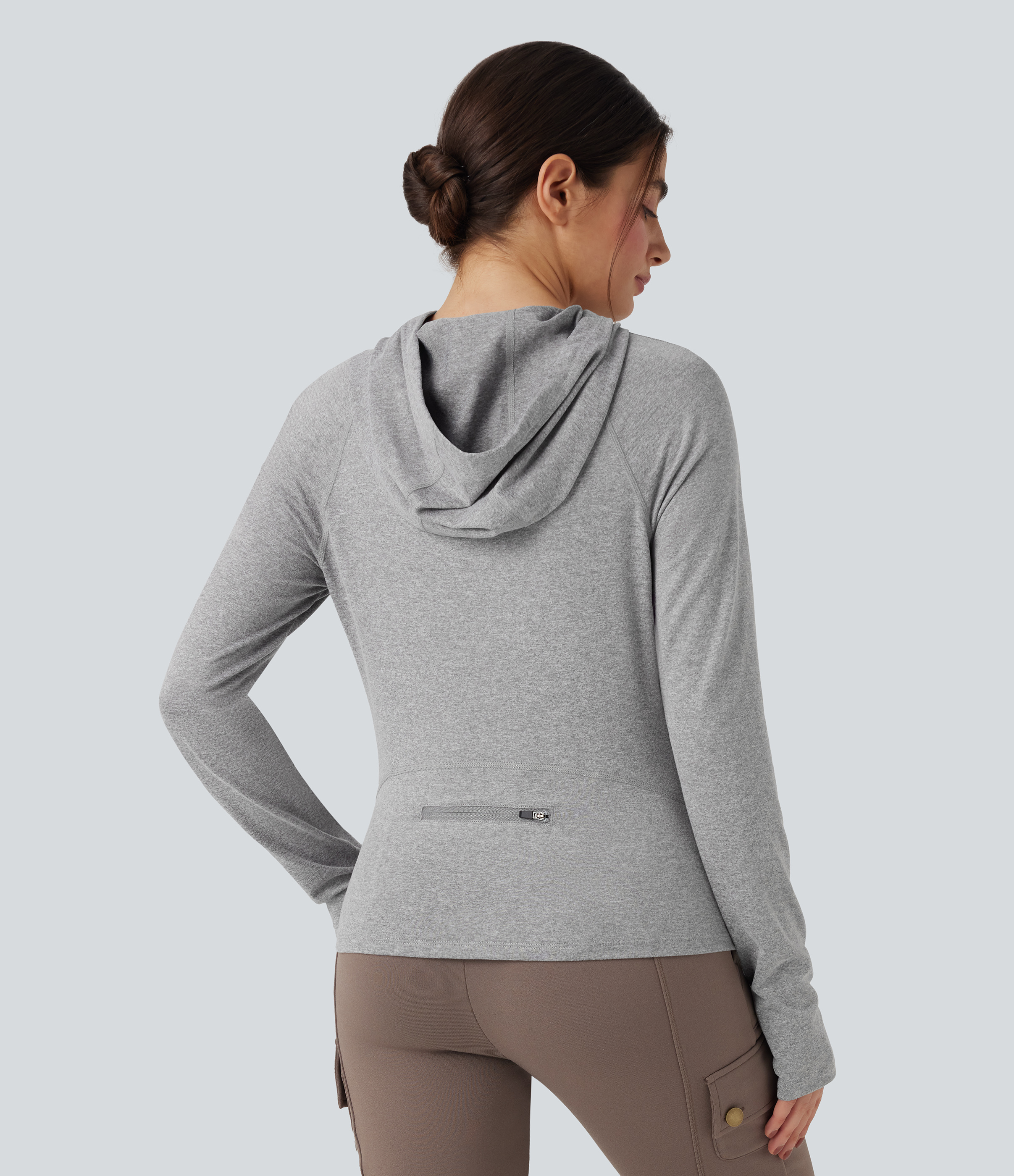 Fog Gray Hooded Drawstring Long Sleeve Thumb Hole Hiking Sports Sweatshirt with Pocket / 2