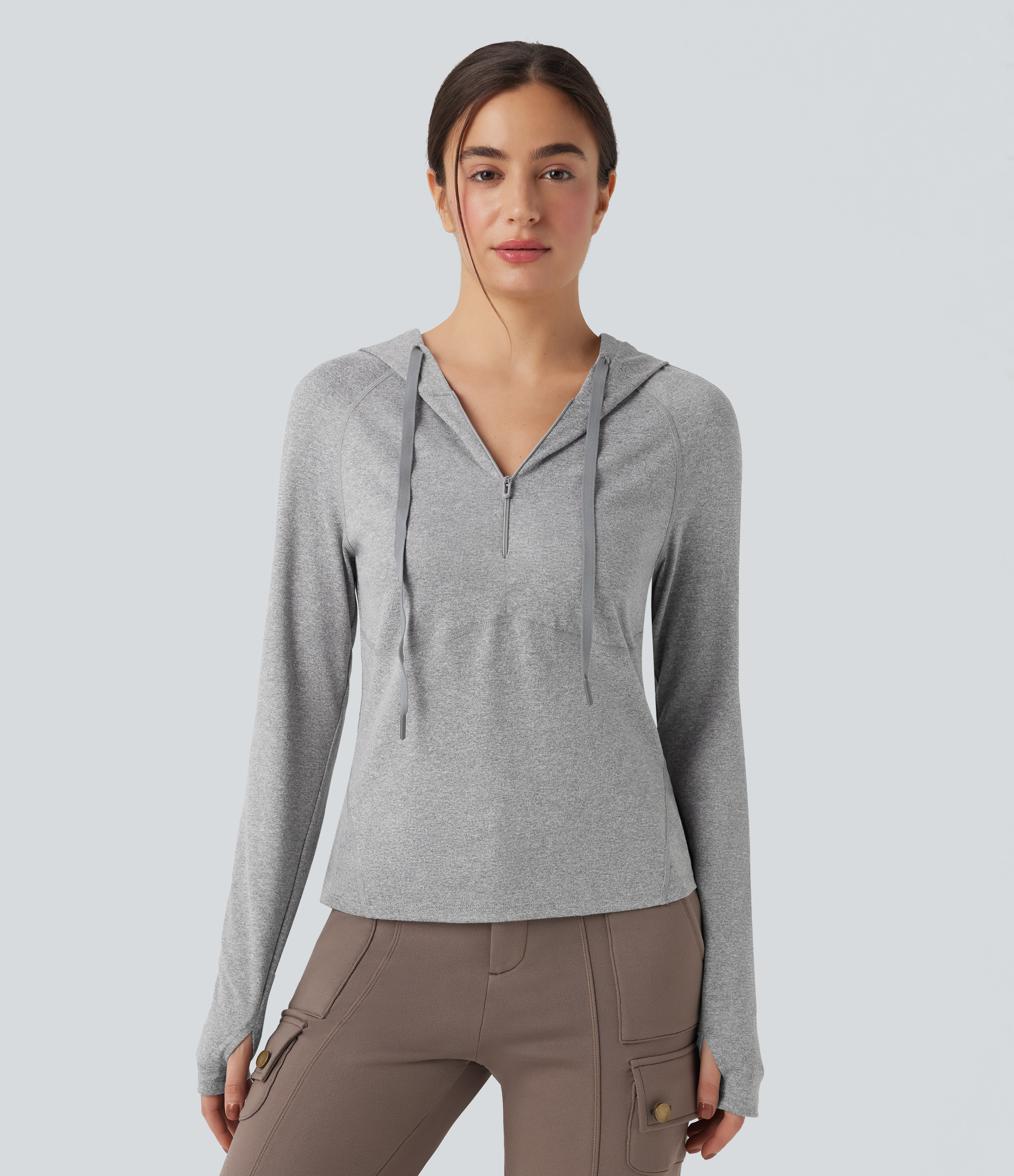 Hooded Drawstring Long Sleeve Thumb Hole Hiking Sports Sweatshirt with Pocket