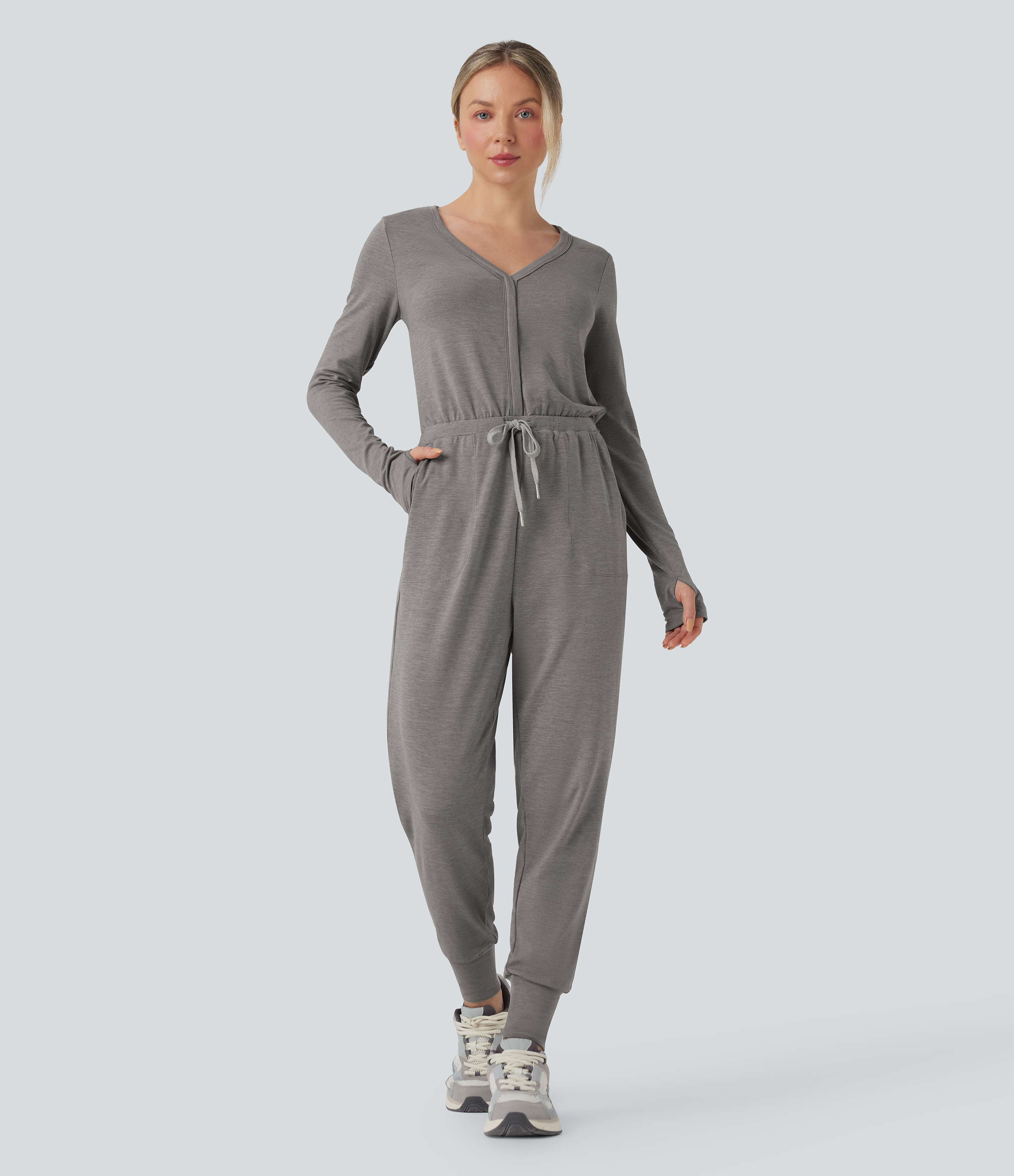 V Neck Long Sleeve Thumb Hole Drawstring Workout Jumpsuit with Pockets-Easy Peezy Edition