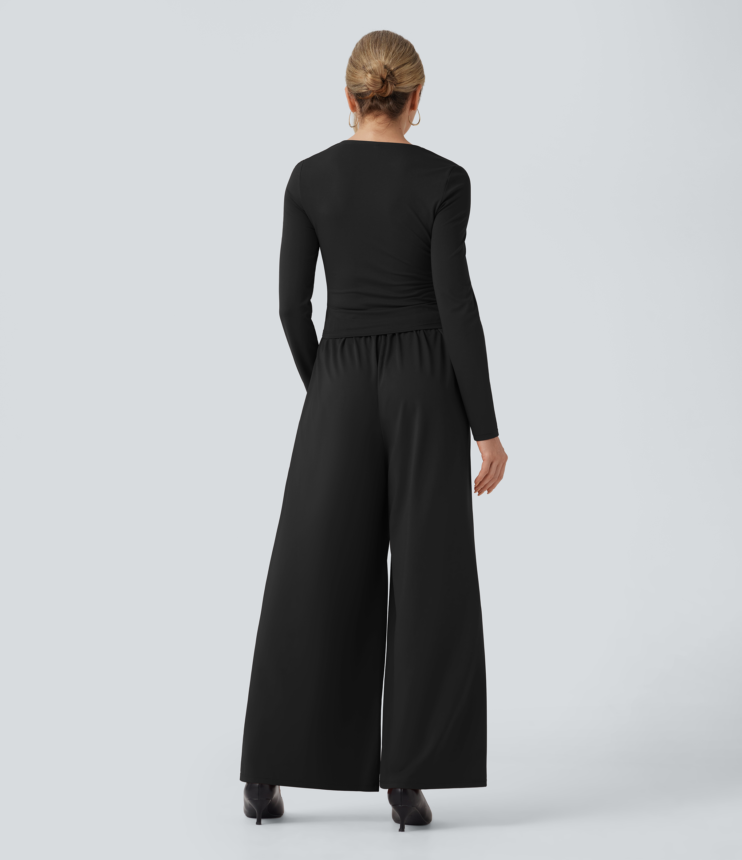 Black Sweetheart Neck Long Sleeve Ruched Casual Jumpsuit with Pockets-Easy Peezy Edition / 2