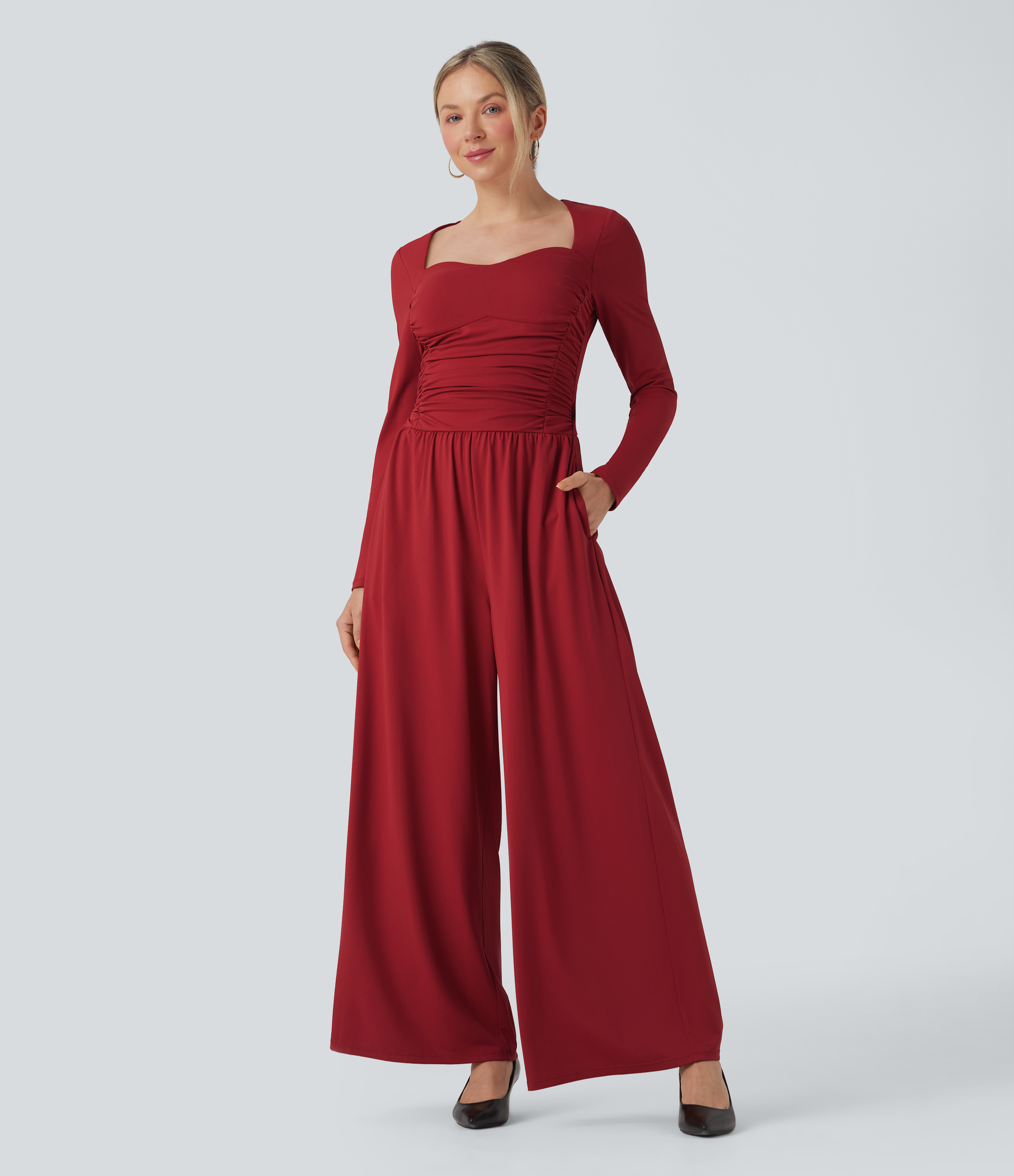 Sweetheart Neck Long Sleeve Ruched Casual Jumpsuit with Pockets-Easy Peezy Edition
