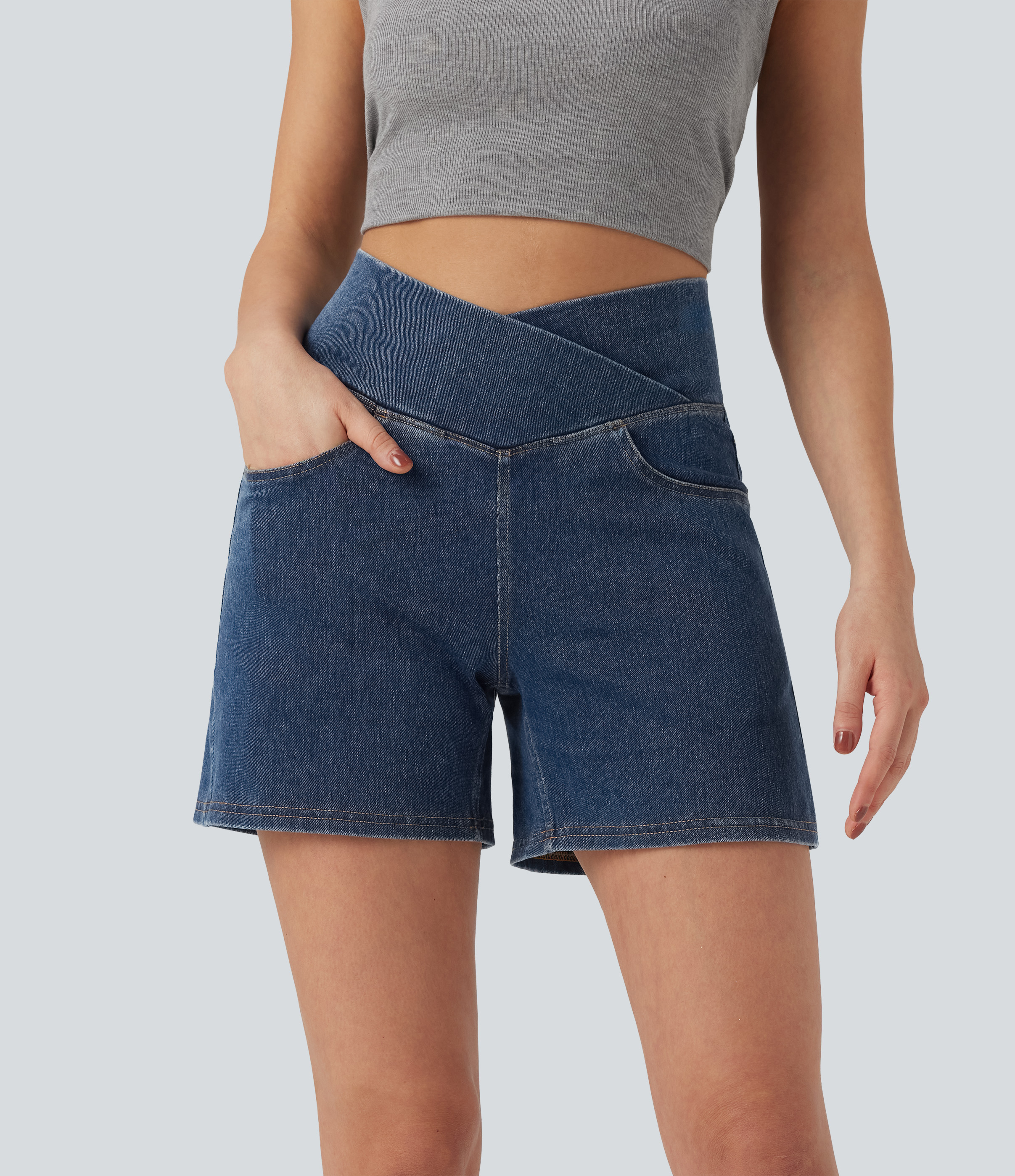 Halara Flex™ Crossover High Waisted Pockets Wide Leg A Line Washed Denim Casual Shorts