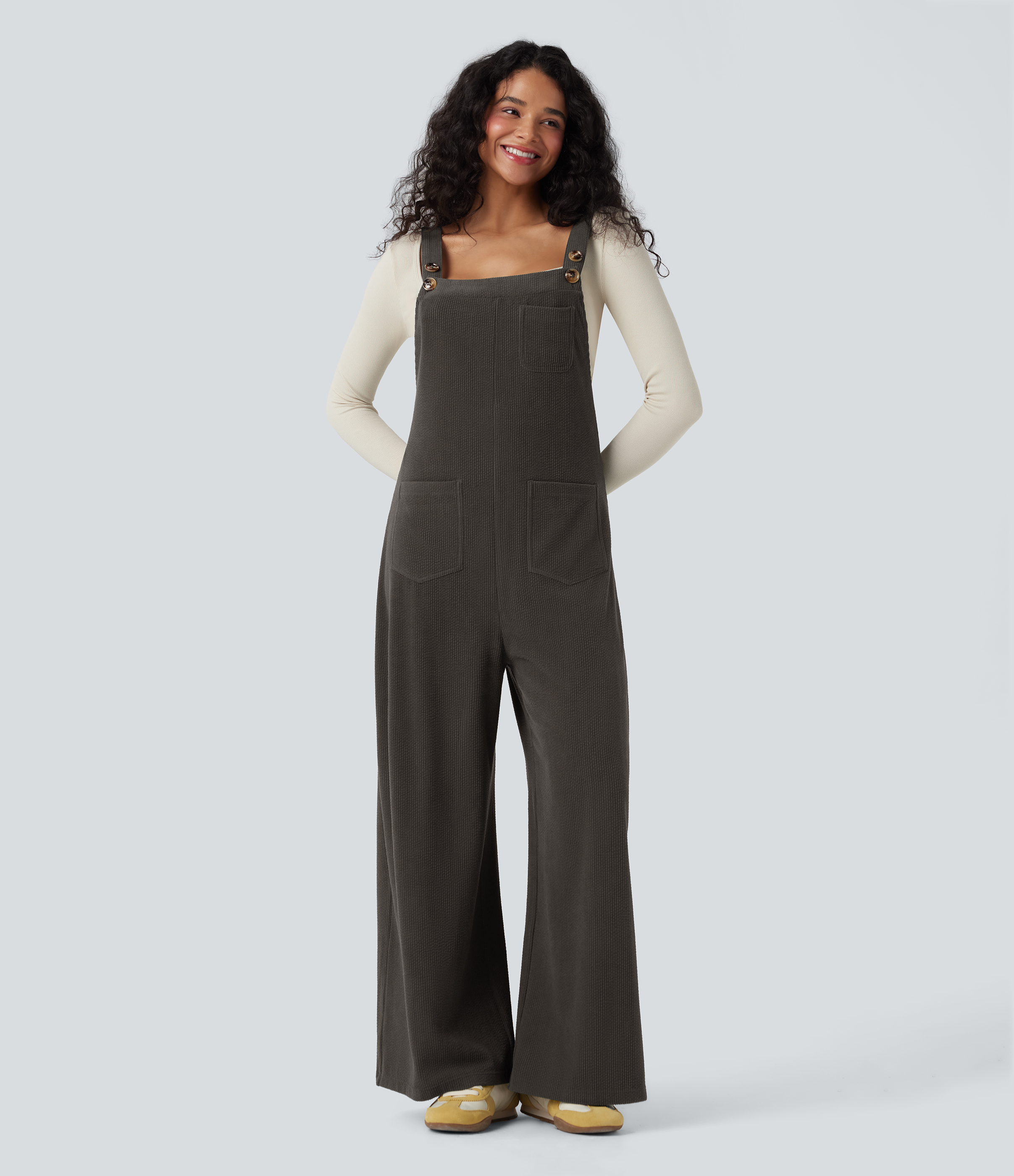 Square Neck Corduroy Casual Overalls with Pockets