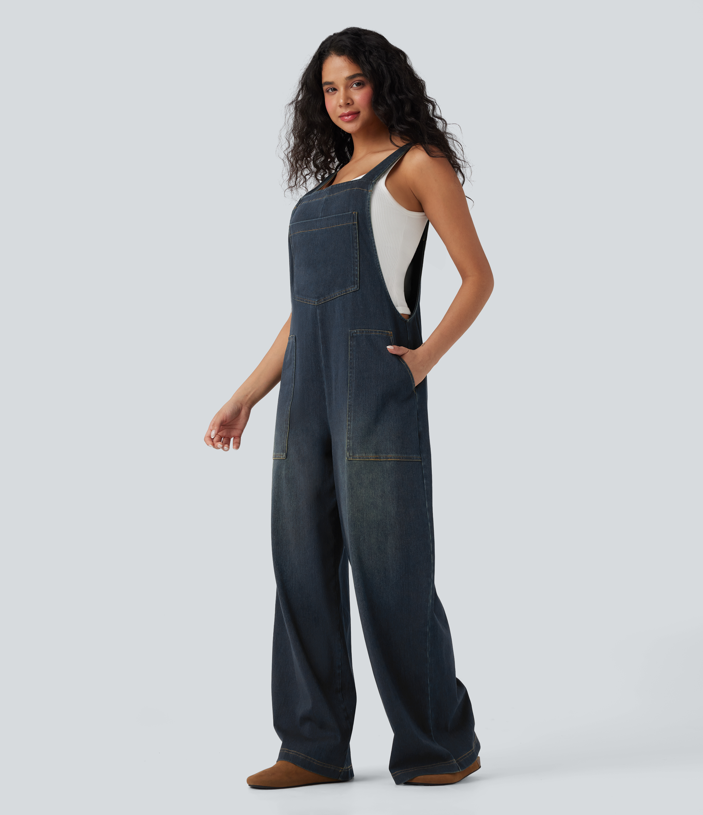 Women's Halara Flex™ Square Neck Washed Denim Casual Overalls with