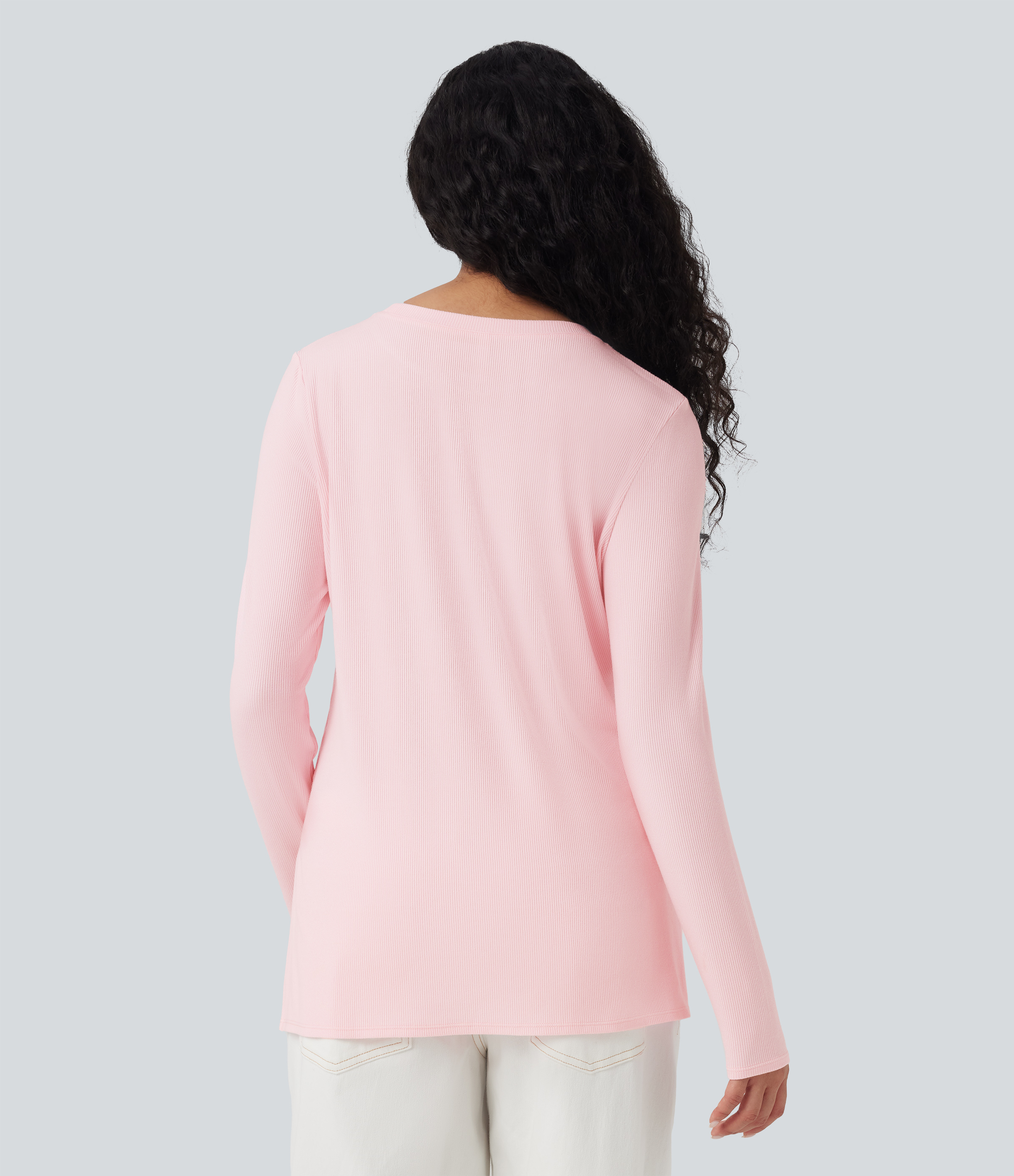Rose Haze Pink Camiseta casual de punto acanalado con manga larga y dobladillo dividido / 2