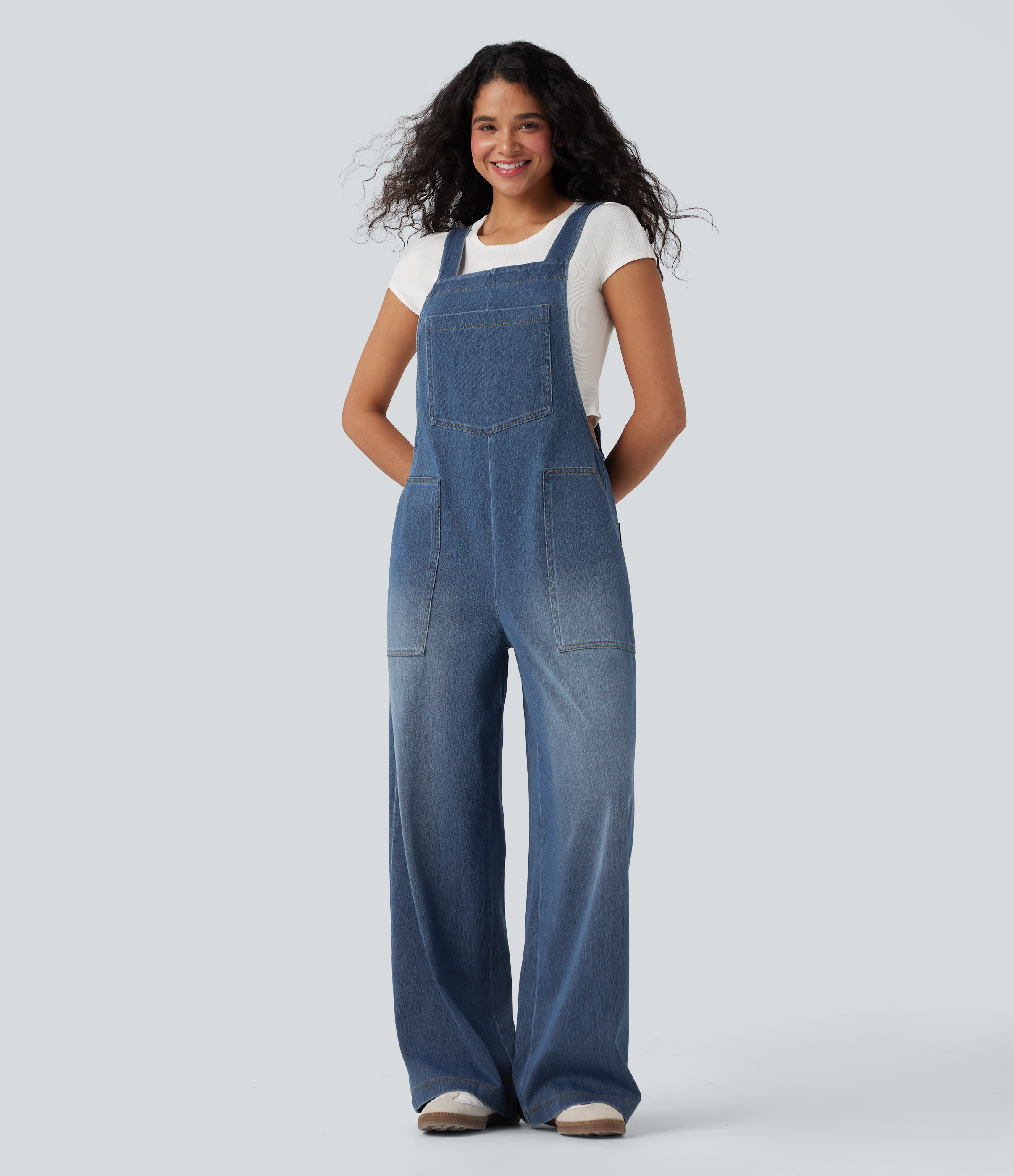 Halara Flex™ Square Neck Washed Denim Casual Dungarees with Pockets