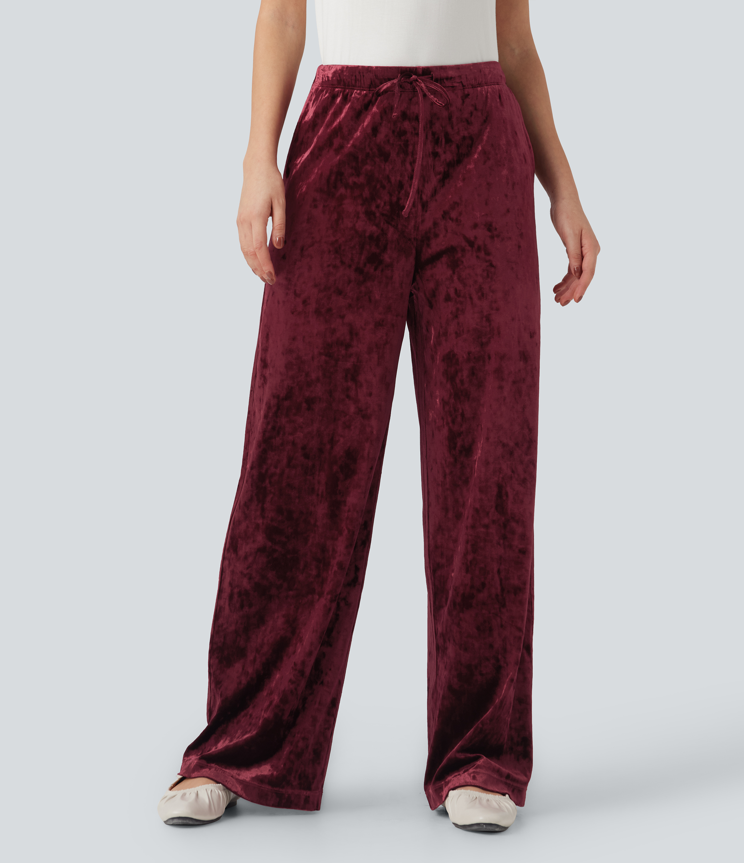 Burgundy Pantalones casuales anchos de terciopelo con tiro alto y cordón ajustable con bolsillos / 1