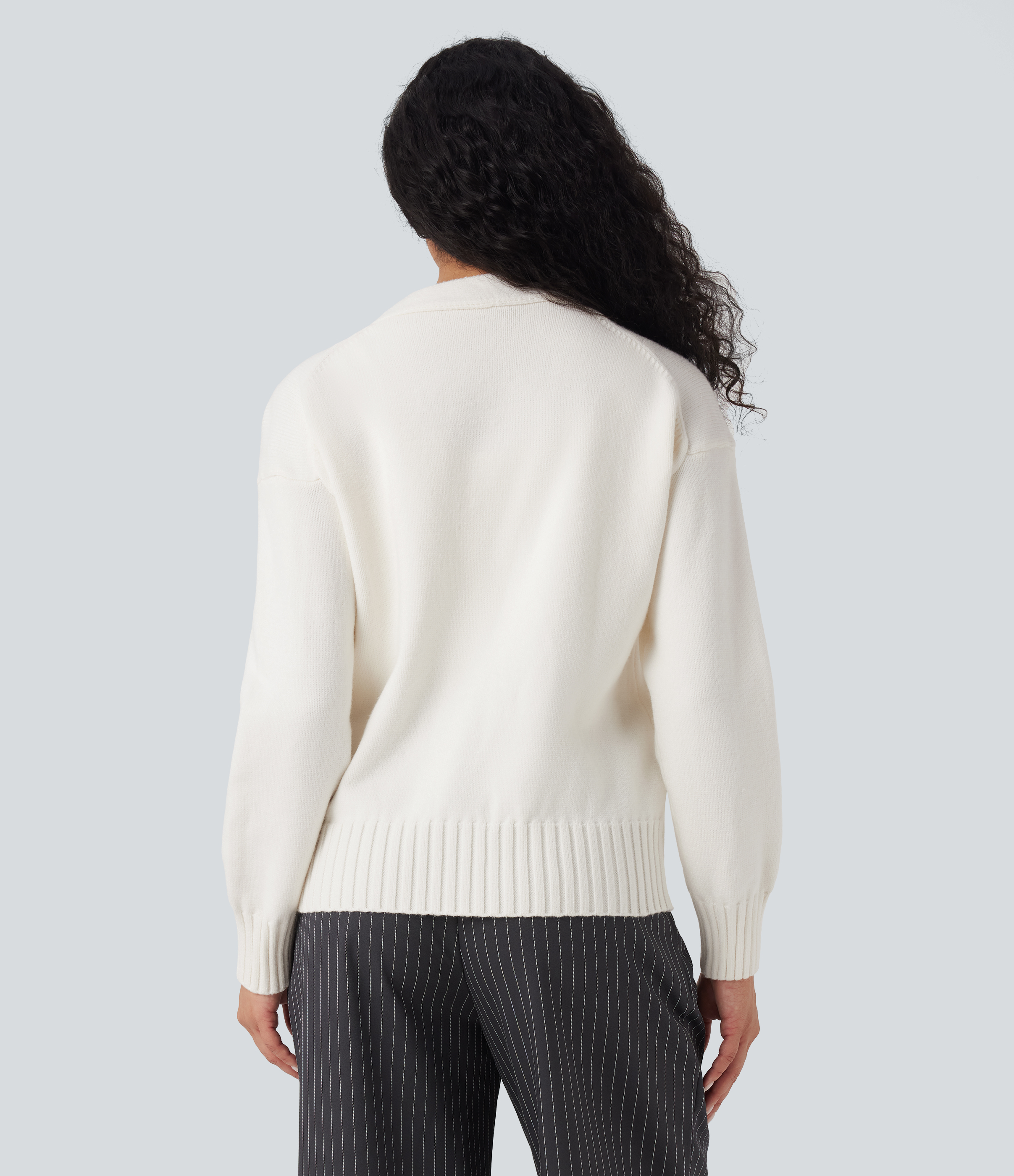 White V-neck Long Sleeve Work Cardigan with Pockets / 2