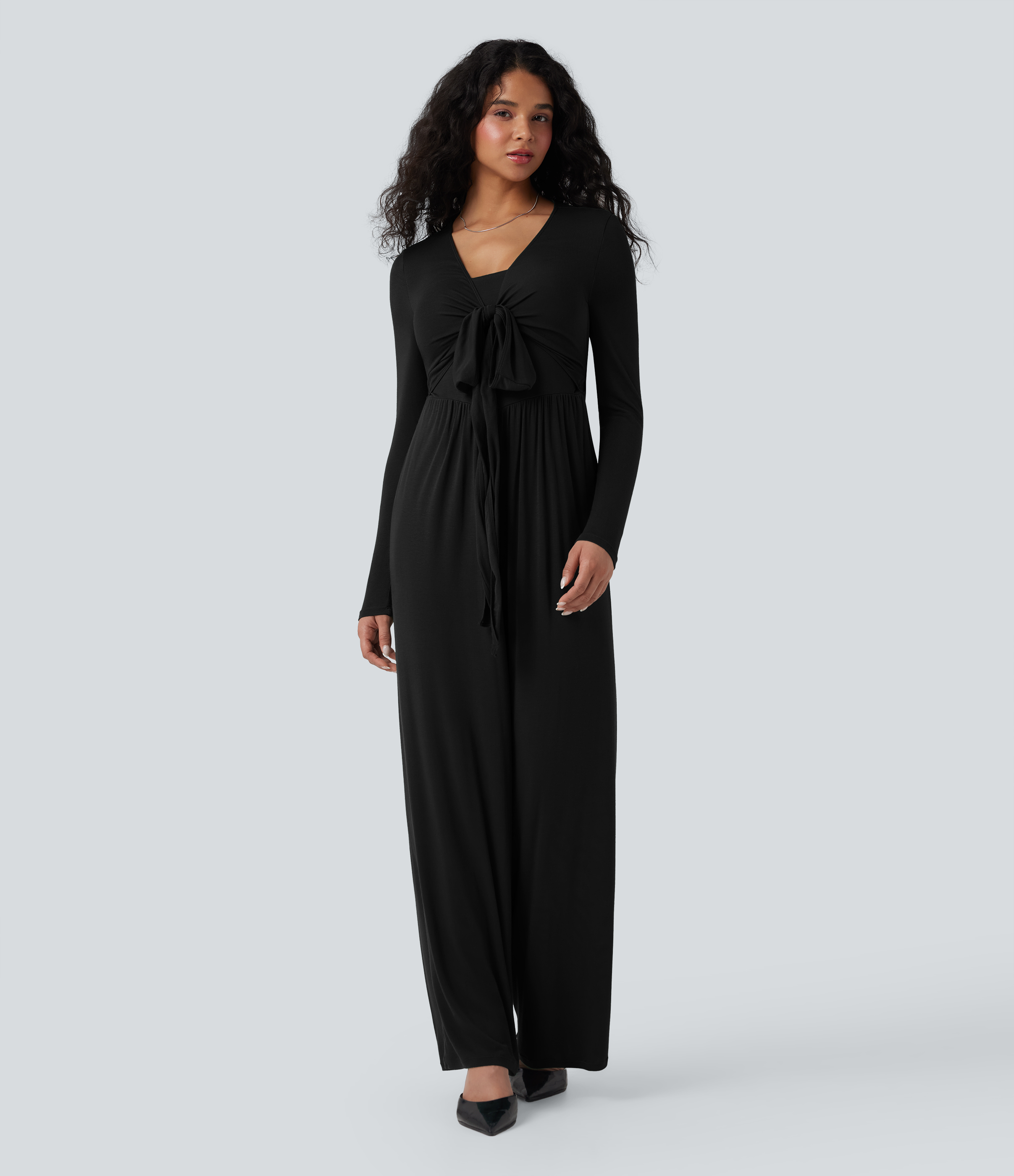 Negro Jumpsuit ancho casual de cuello en V acanalado de manga larga con espalda cruzada con lazo y bolsillos (edición Easy Peezy) / 2