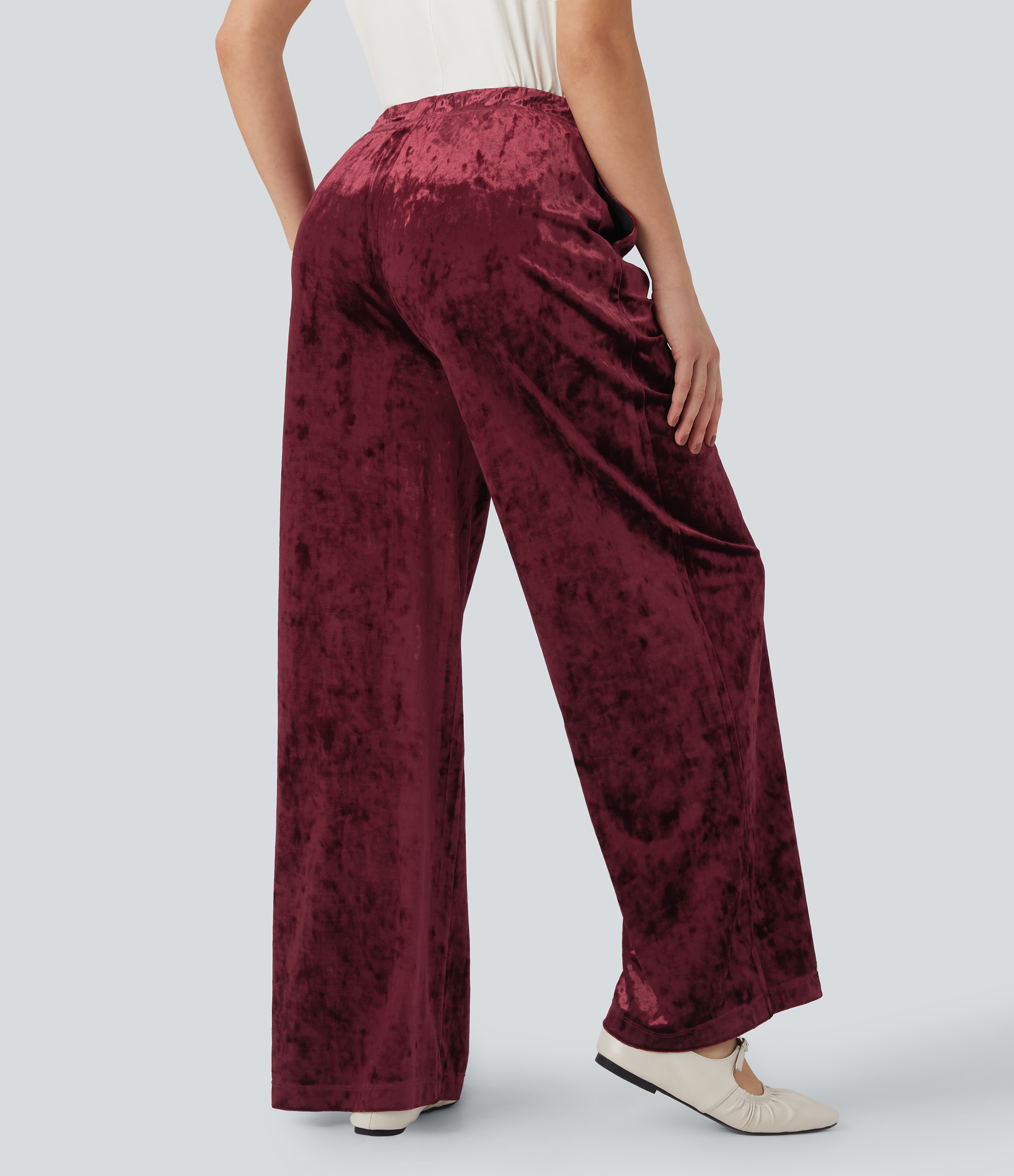 Burgundy Pantalones casuales anchos de terciopelo con tiro alto y cordón ajustable con bolsillos / 2