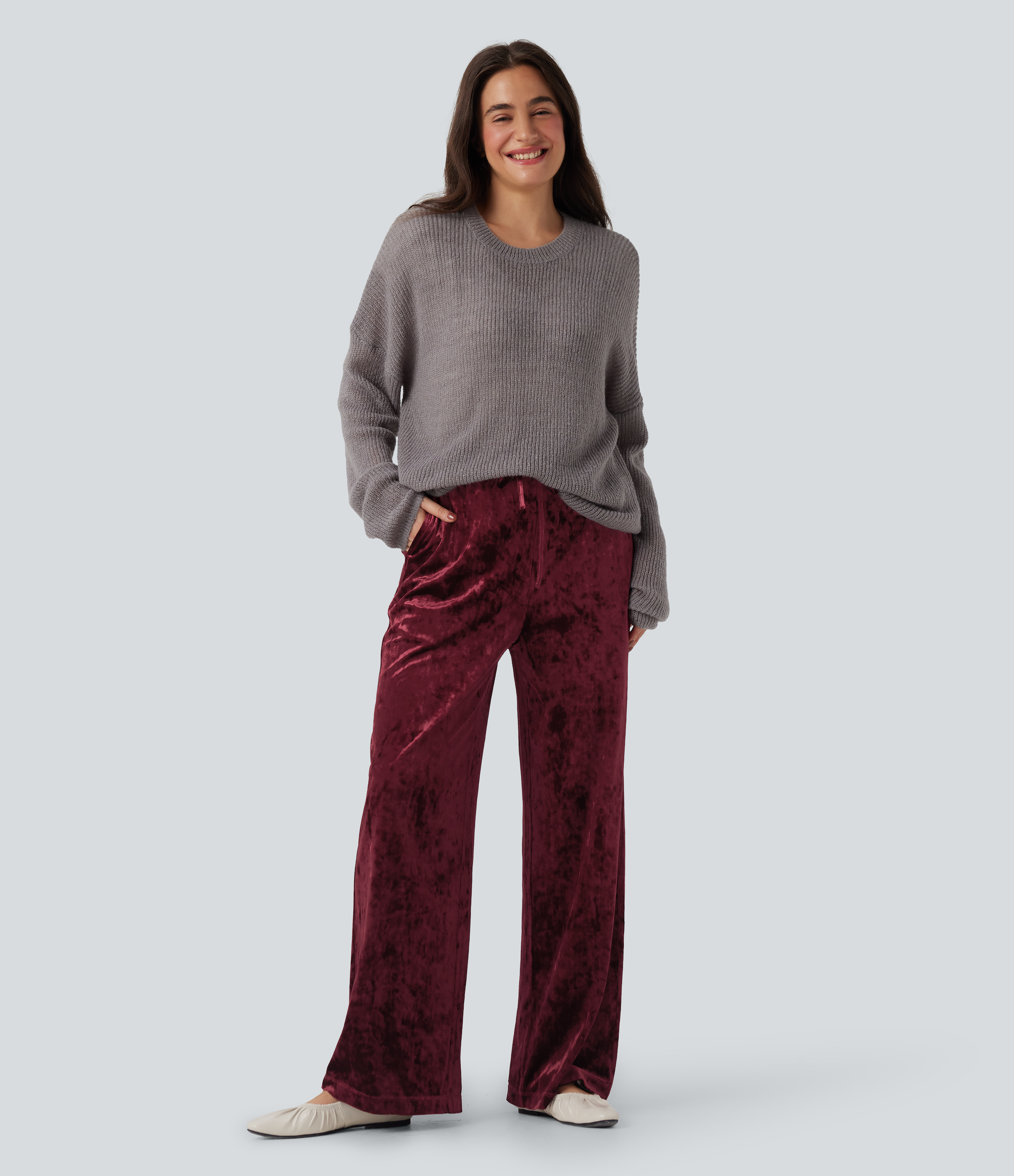 High Waisted Drawstring Velvet Casual Wide Leg Pants with Pockets