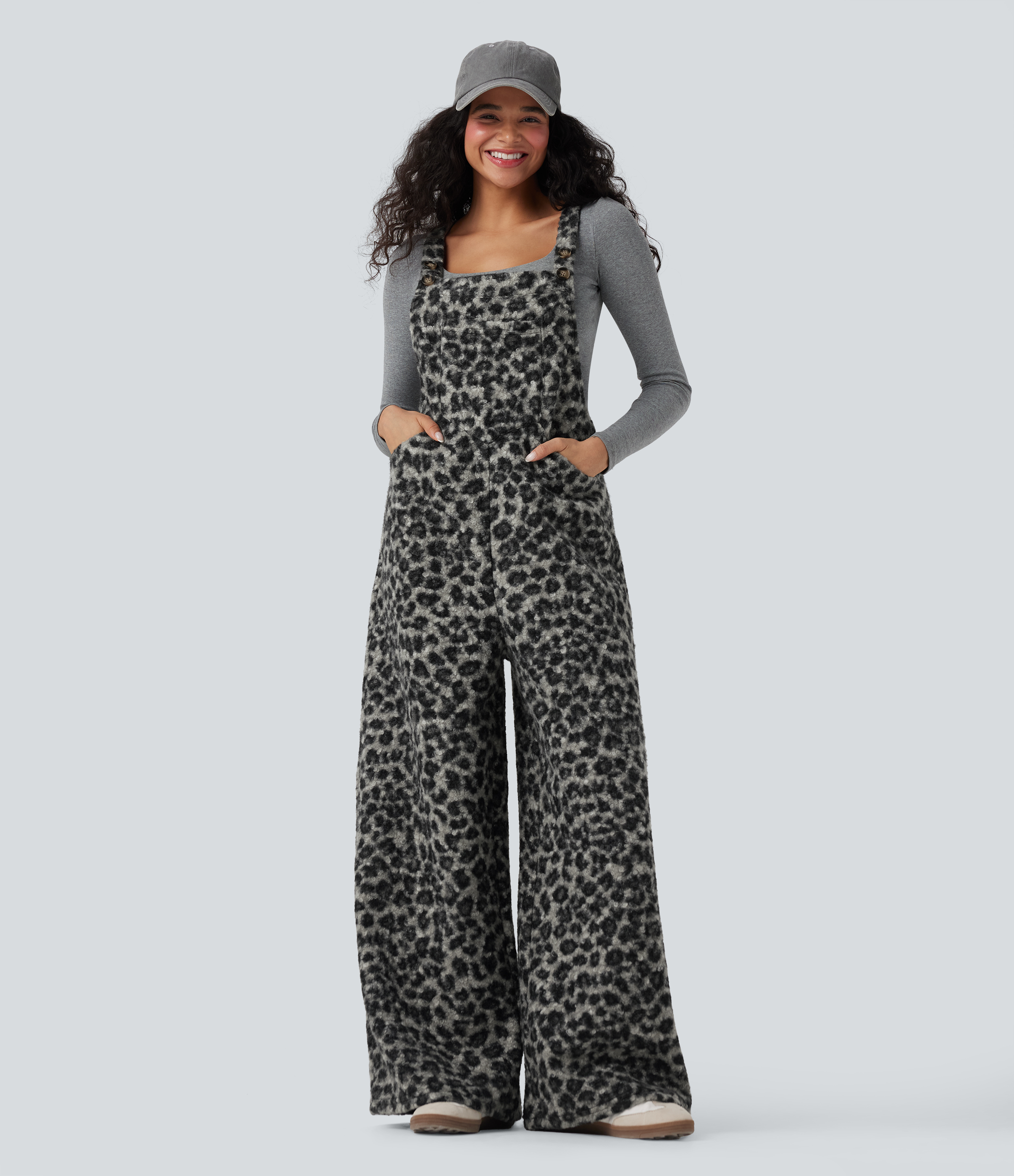 Square Neck Leopard Print Teddy Casual Baggy Overalls with Pockets