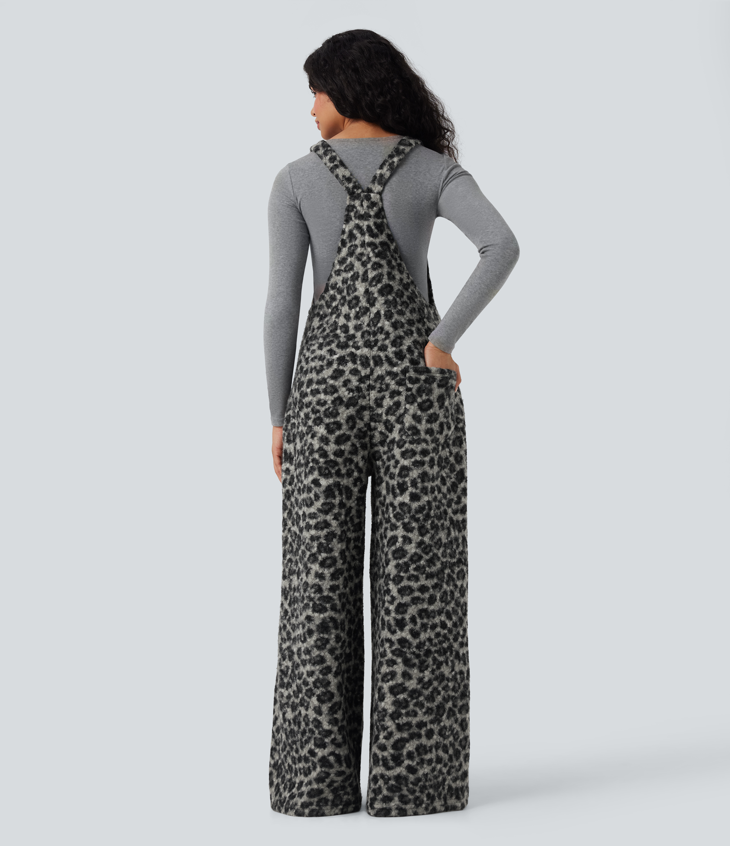 Charcoal Camo Square Neck Leopard Print Teddy Casual Baggy Overalls with Pockets / 2