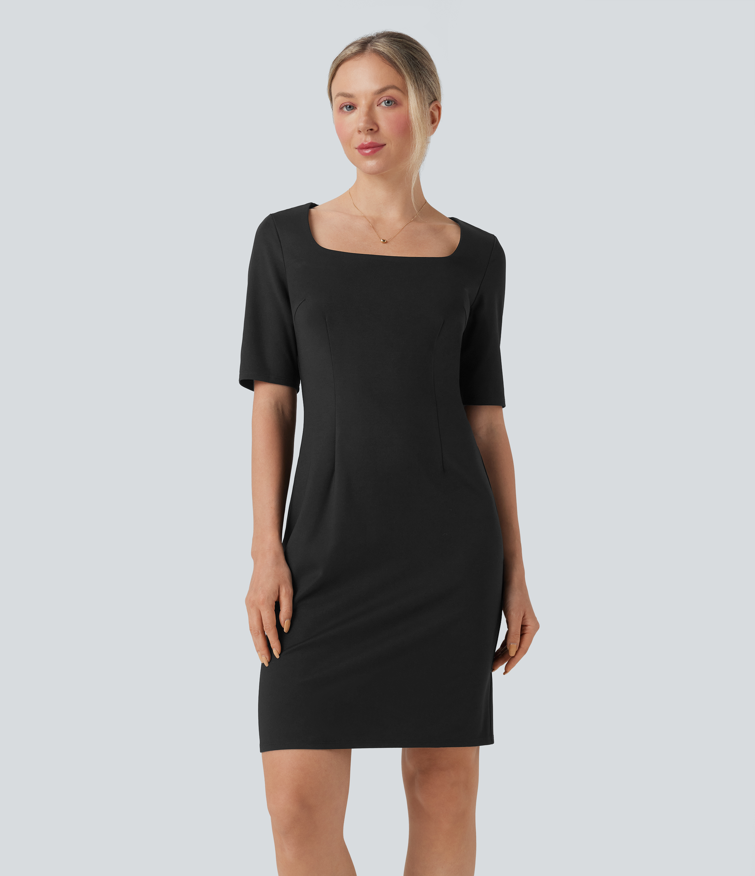 Halara – Schmales Bleistift-Kleid mit quadratischem Ausschnitt und halblangenÄrmeln – Schwarz – XS