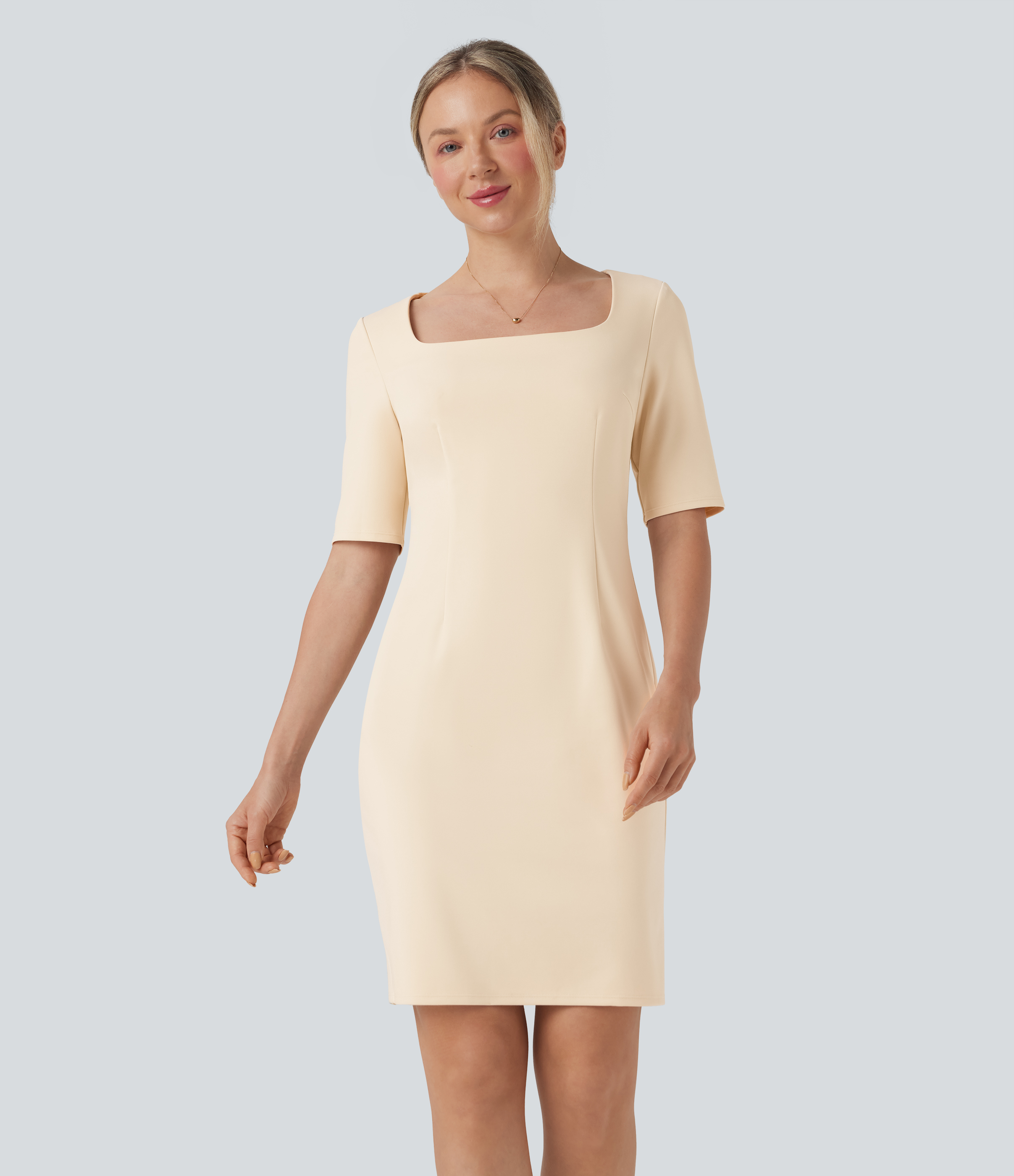 Halara – Schmales Bleistift-Kleid mit quadratischem Ausschnitt und halblangenÄrmeln – Arctic Wolf – XS