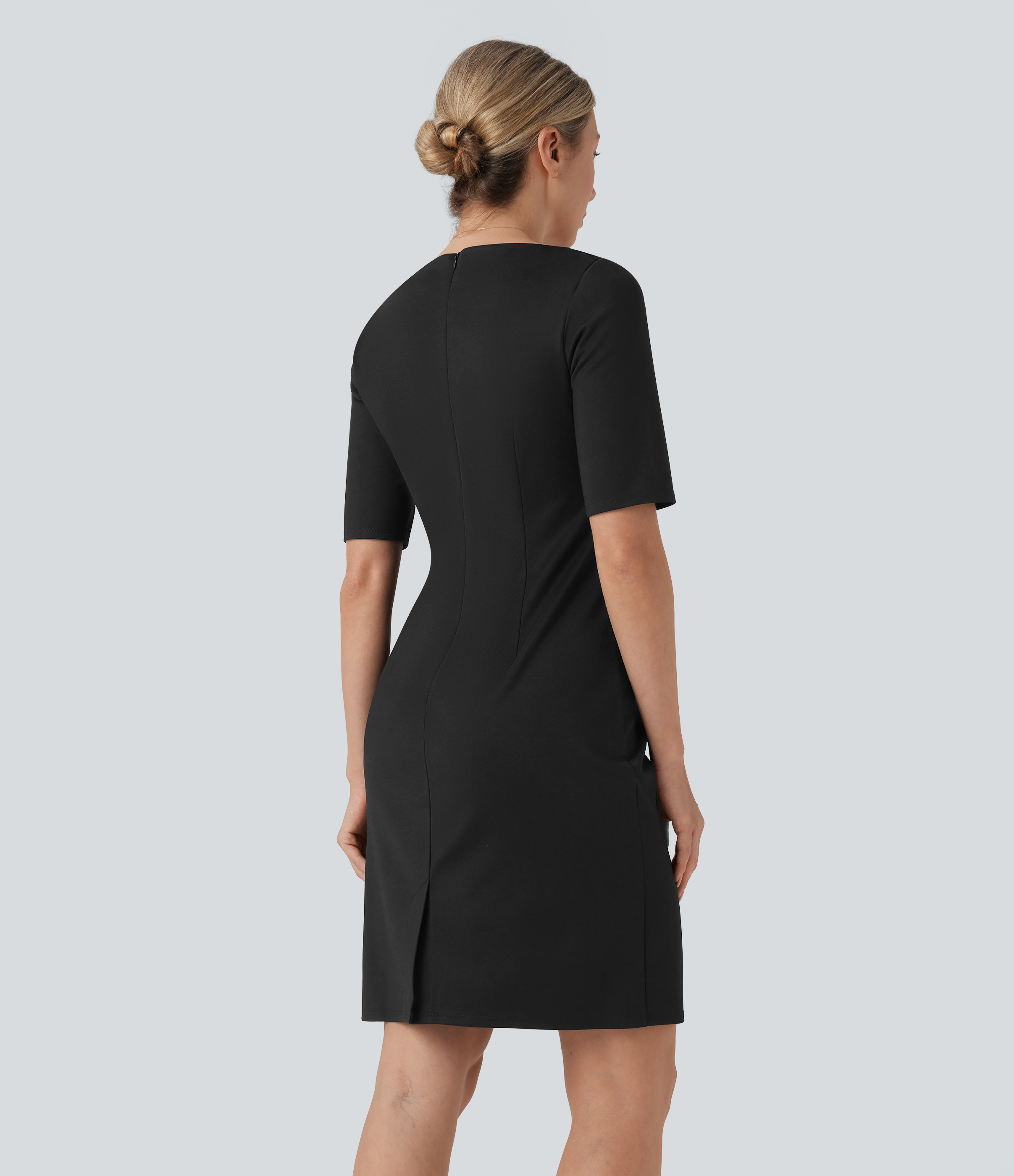 Negro Vestido de oficina ajustado de tubo con cuello cuadrado y media manga / 2