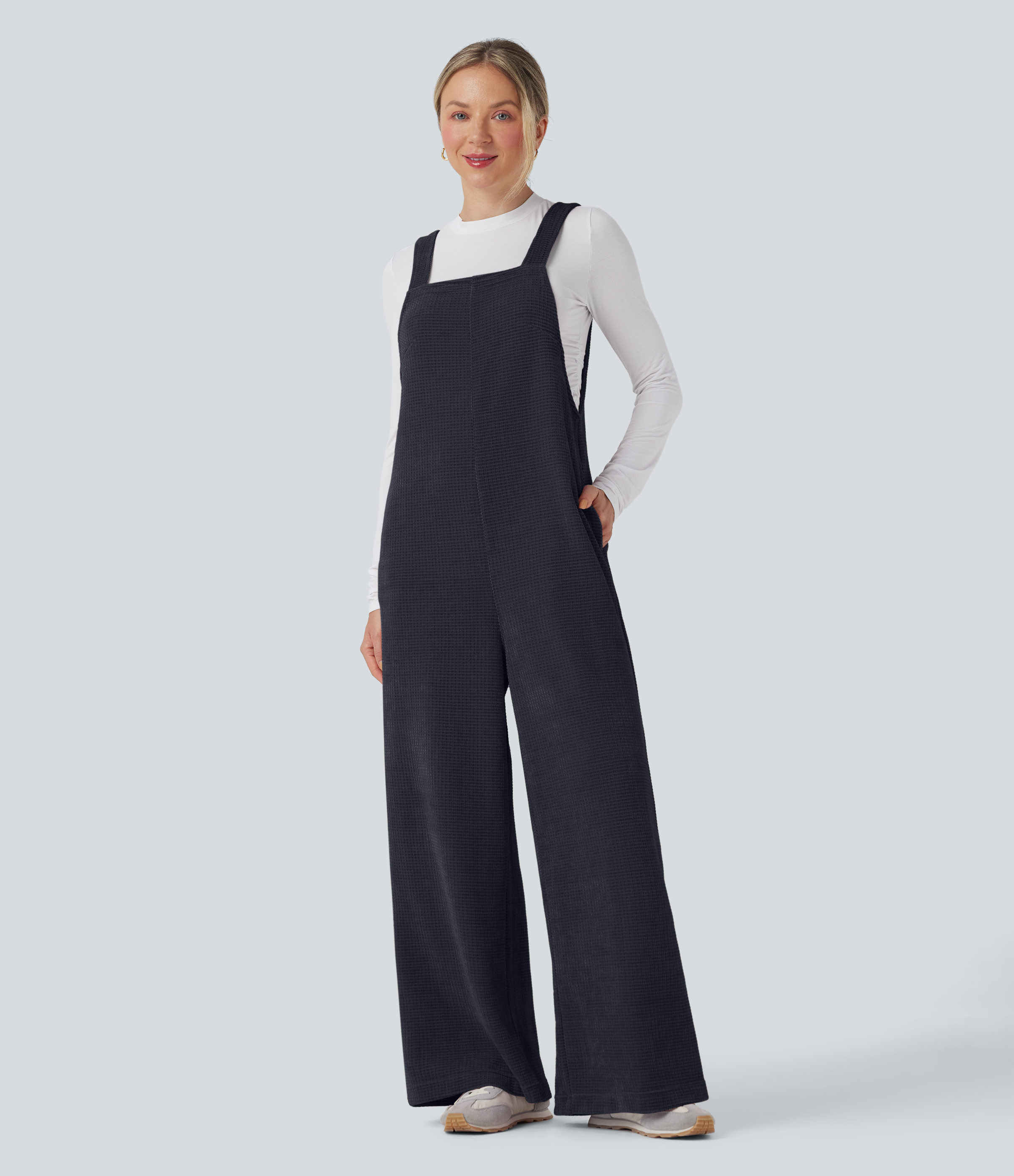 Sky Captain Tie Back Chenille Waffle Casual Overalls with Pockets / 2