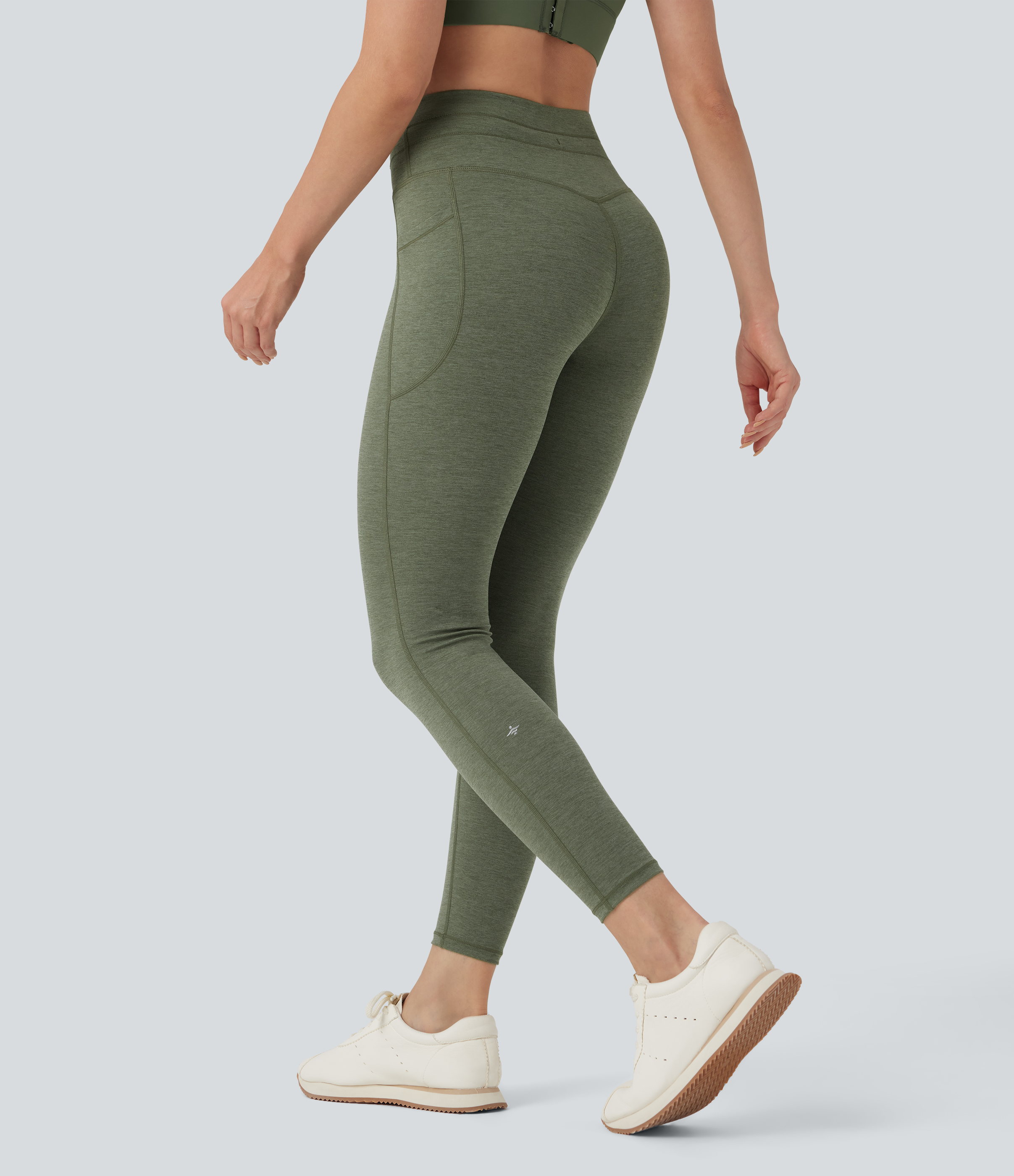 Rifle Green Heather High Waisted Drawstring Heathered 7/8 Yoga Leggings with Pockets / 2
