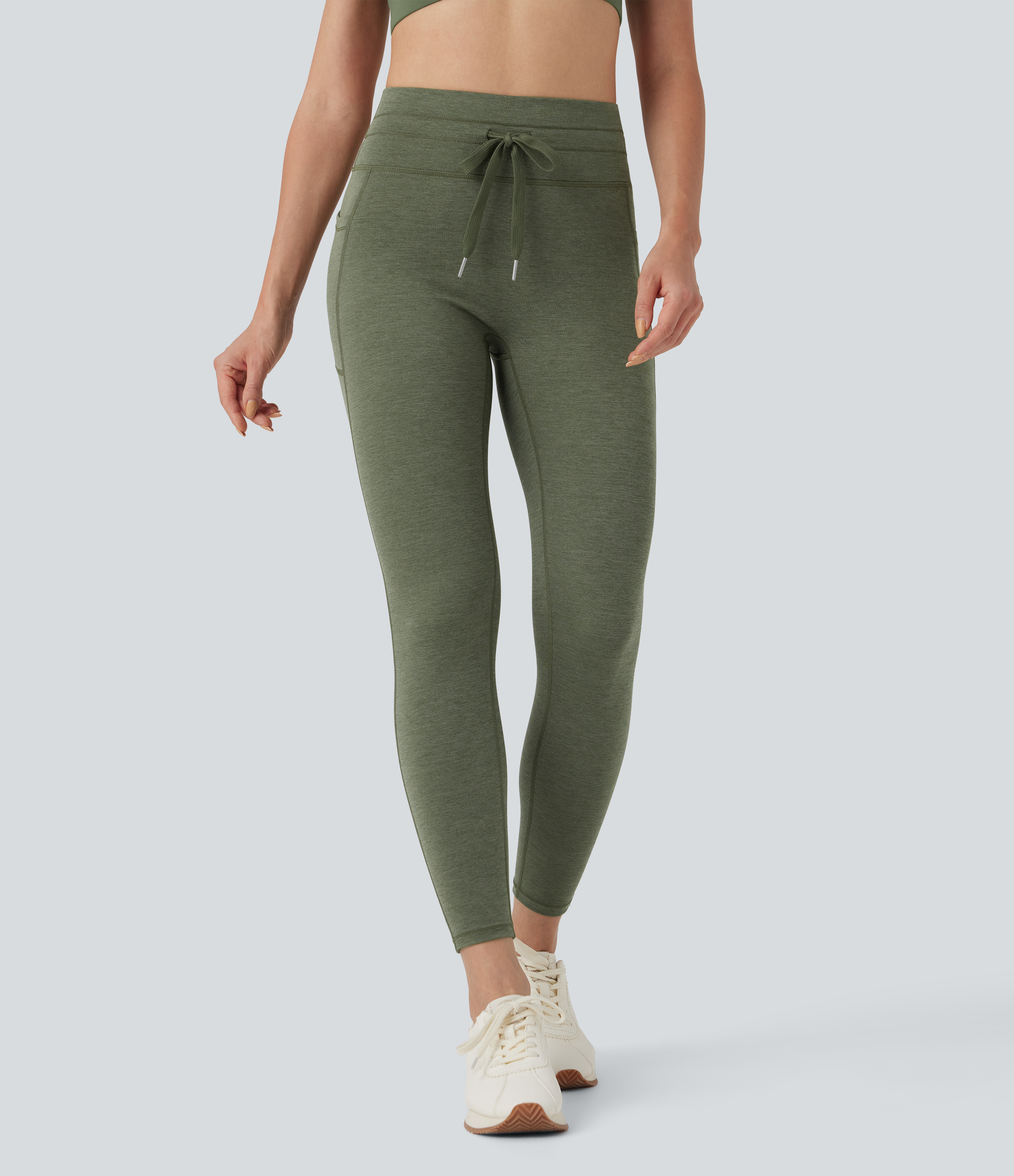 Rifle Green Heather High Waisted Drawstring Heathered 7/8 Yoga Leggings with Pockets / 1